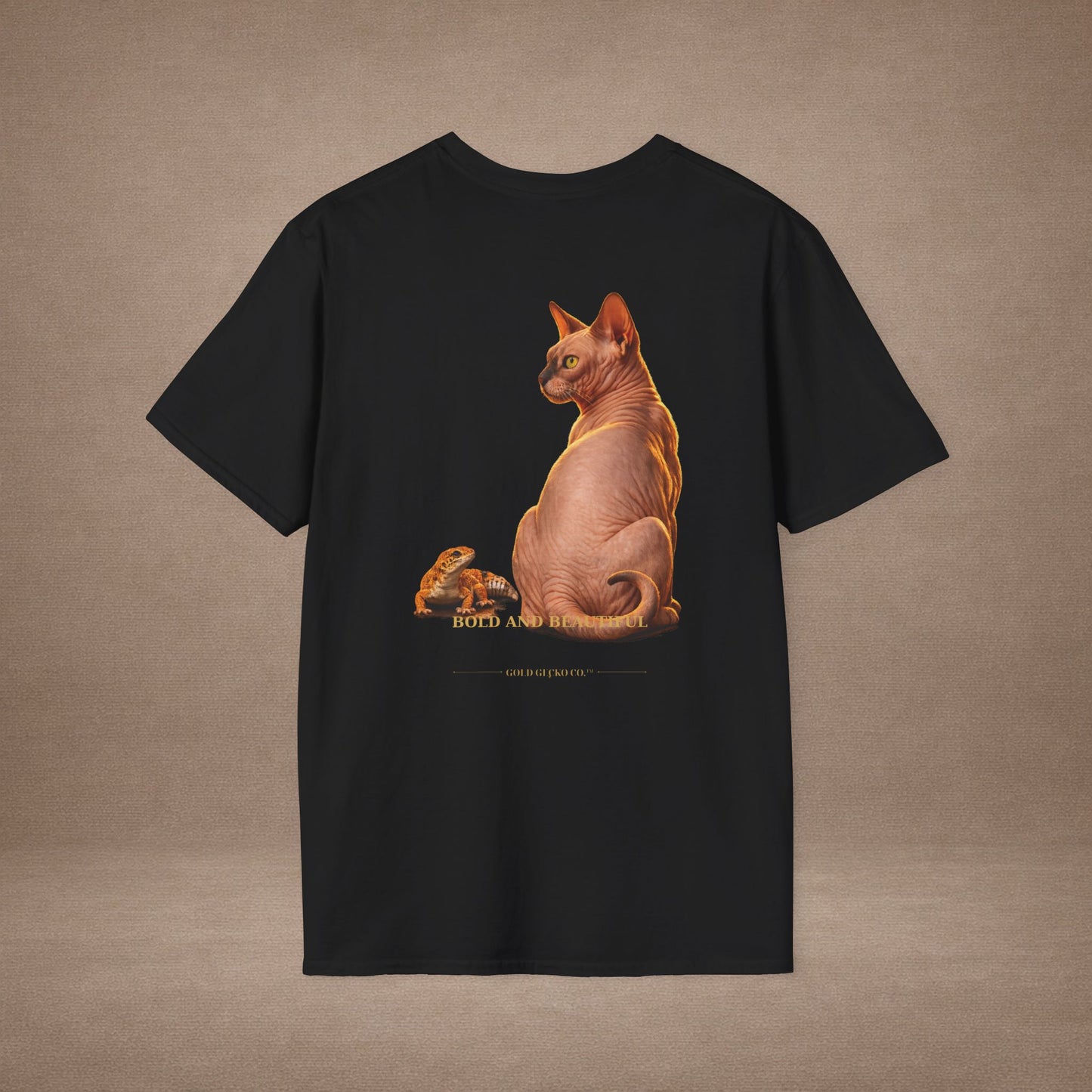 Sphynx — Bold And Beautiful — photoreal cat breed portraits paired with tiny gecko compani. Gold Gecko Co. Cats & Geckos collection.