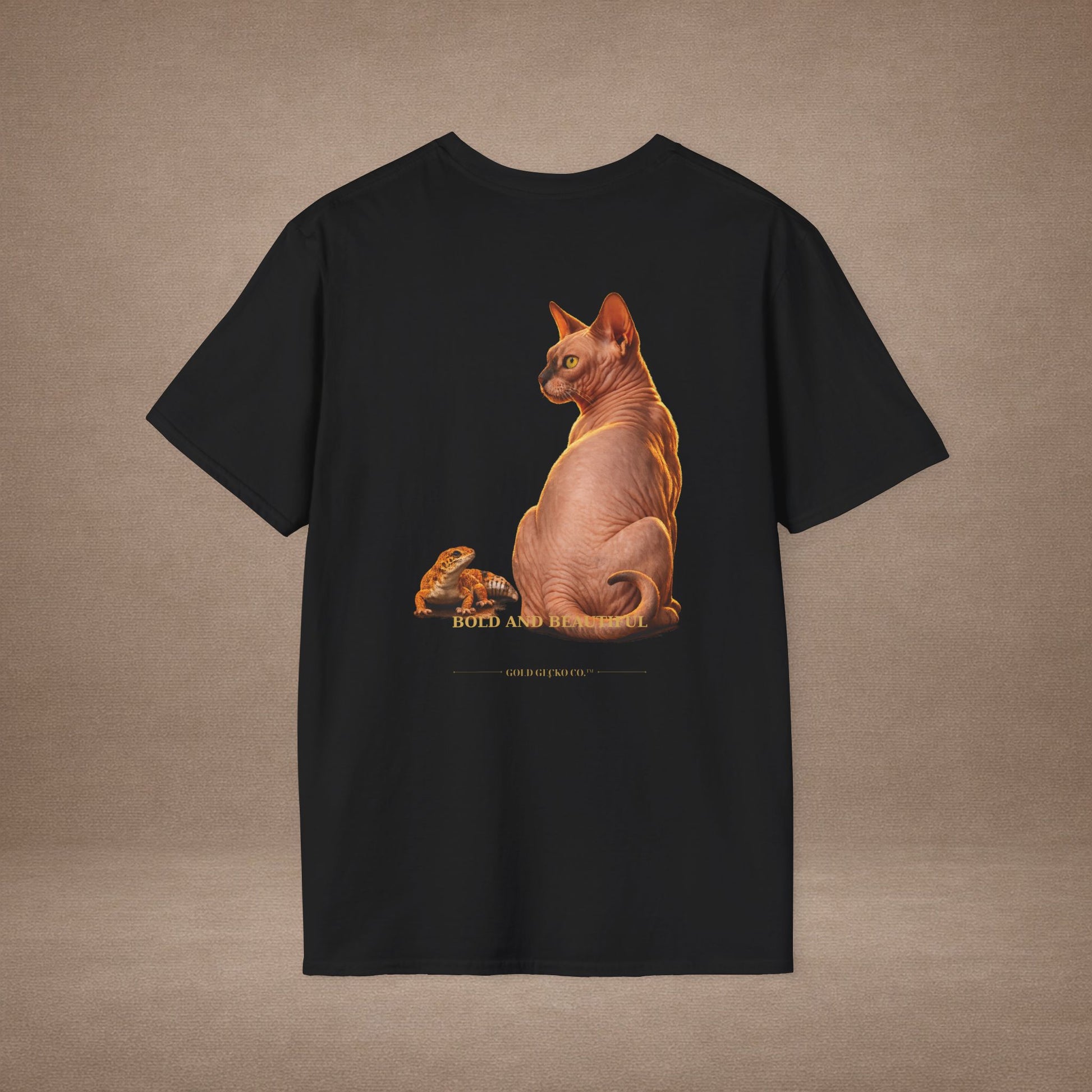 Sphynx — Bold And Beautiful — photoreal cat breed portraits paired with tiny gecko compani. Gold Gecko Co. Cats & Geckos collection.