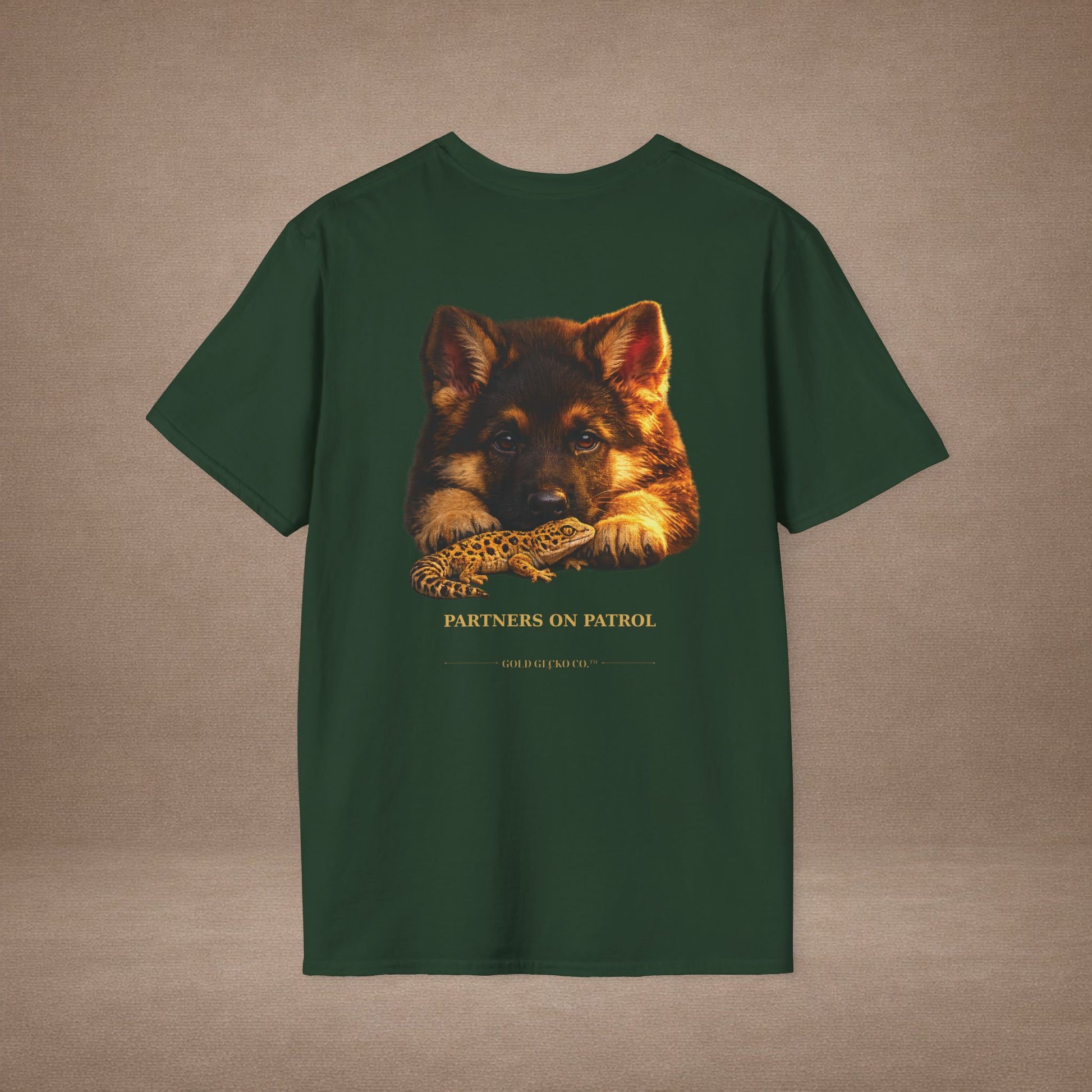German Shepherd — Partners On Patrol — cinematic photoreal portraits of beloved dog breeds paired w. Gold Gecko Co. Puppies & Geckos collection.