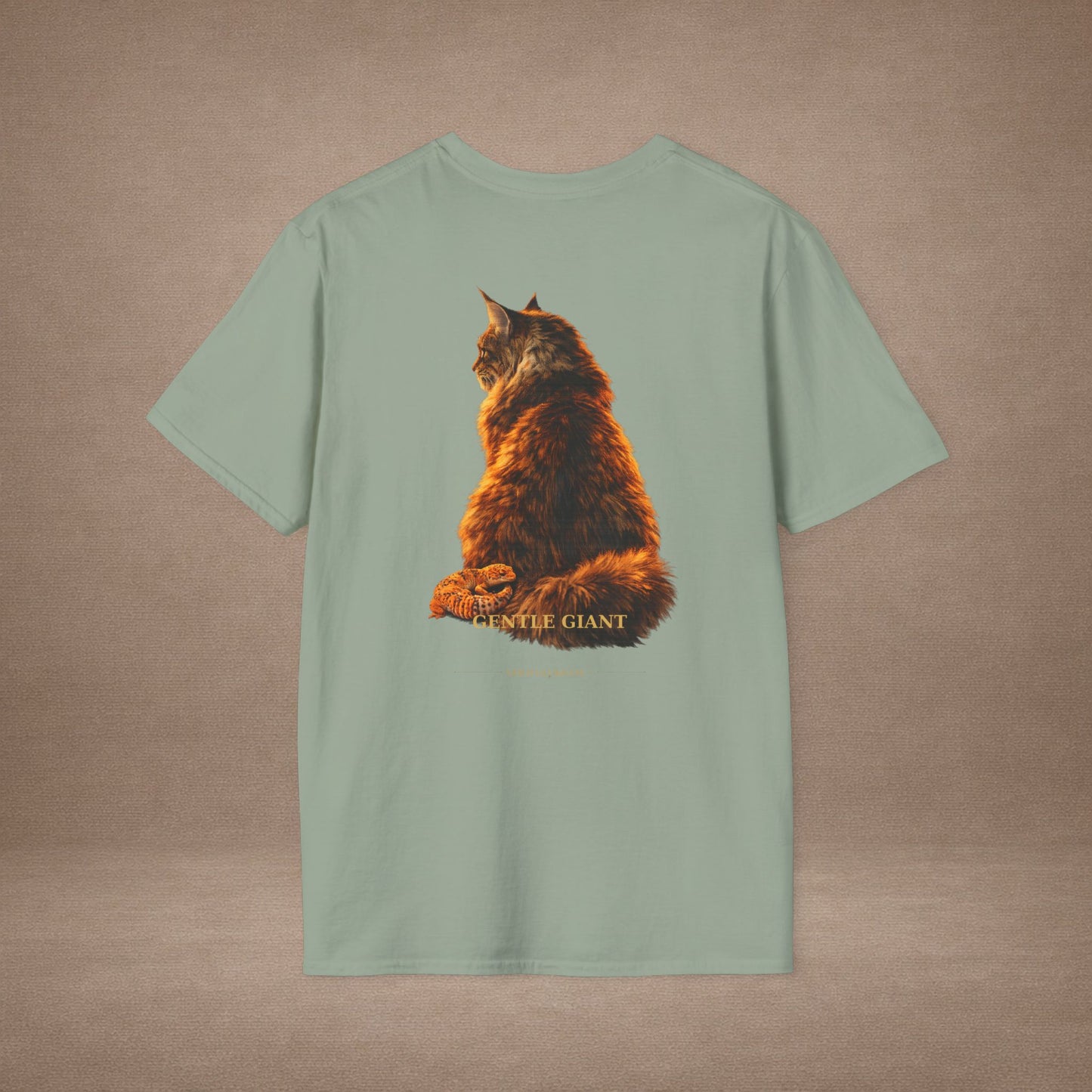 Maine Coon — Gentle Giant — photoreal cat breed portraits paired with tiny gecko compani. Gold Gecko Co. Cats & Geckos collection.