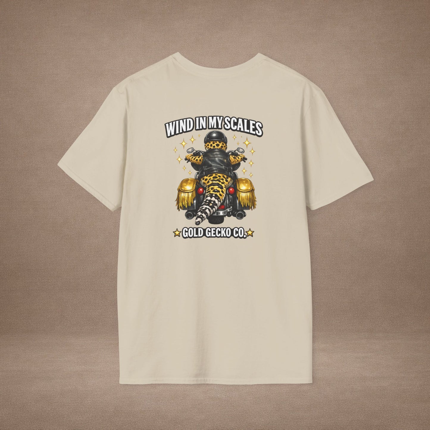 DESIGN #38 Wind in My Scales — Bagger Gecko Tee (Front & Back) Golden Letters