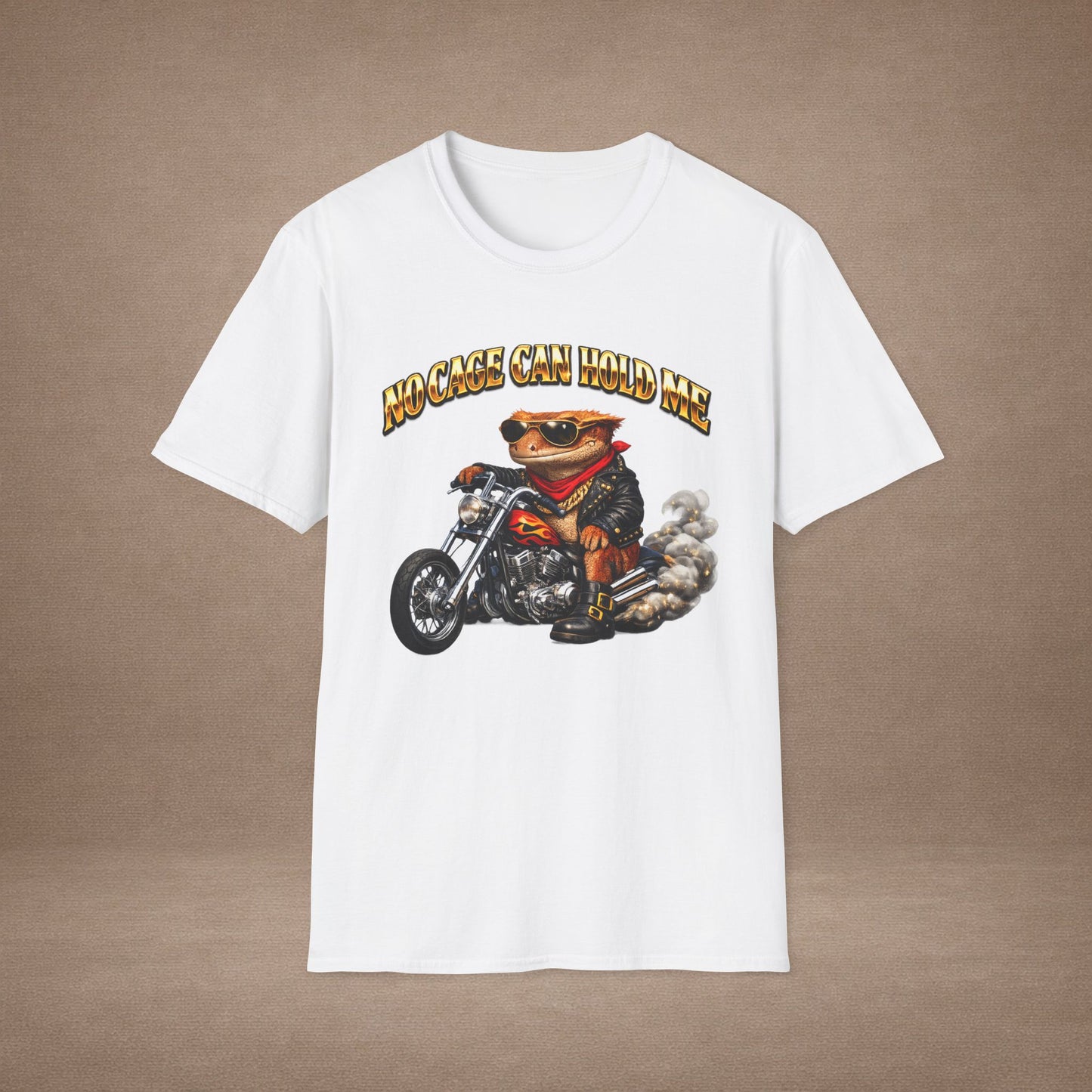 DESIGN #37 No Cage Can Hold Me — Chopper Gecko Tee (Front & Back) Gold Lettering