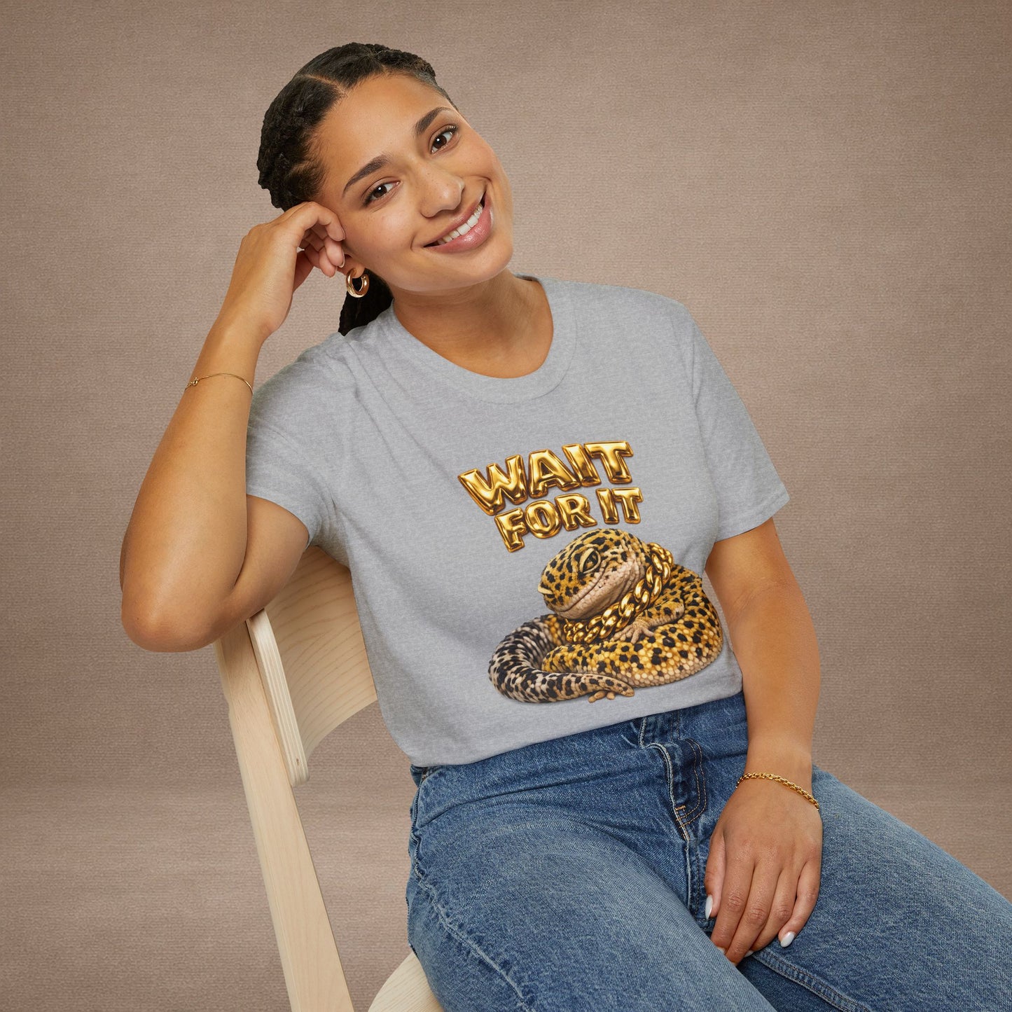 DESIGN #06-1 - Wait For It -  Side-Eye Leopard Gecko Tee (Front & Back)- Gold Letters