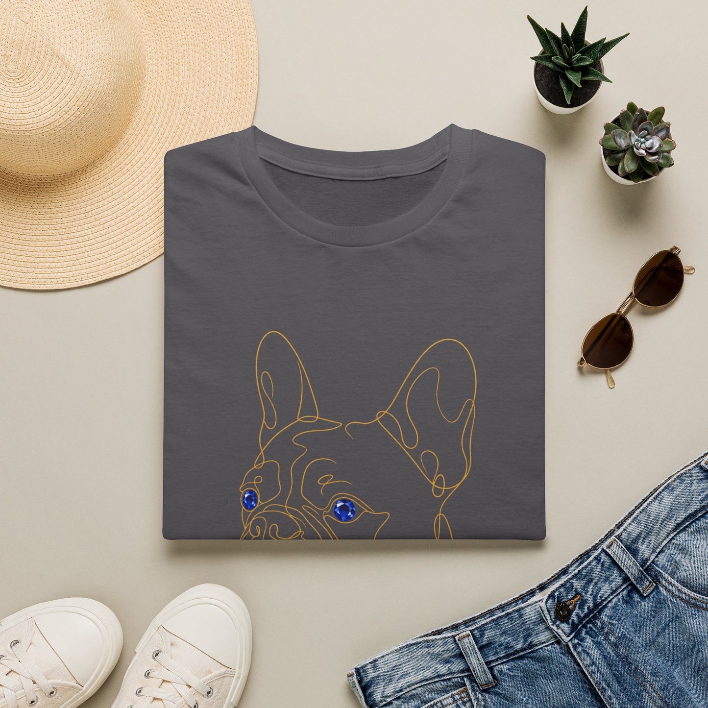 Sapphire French Bulldog single-line art with sapphire blue gem eye — Gold Gecko Co. Line & Gold collection (Dark)
