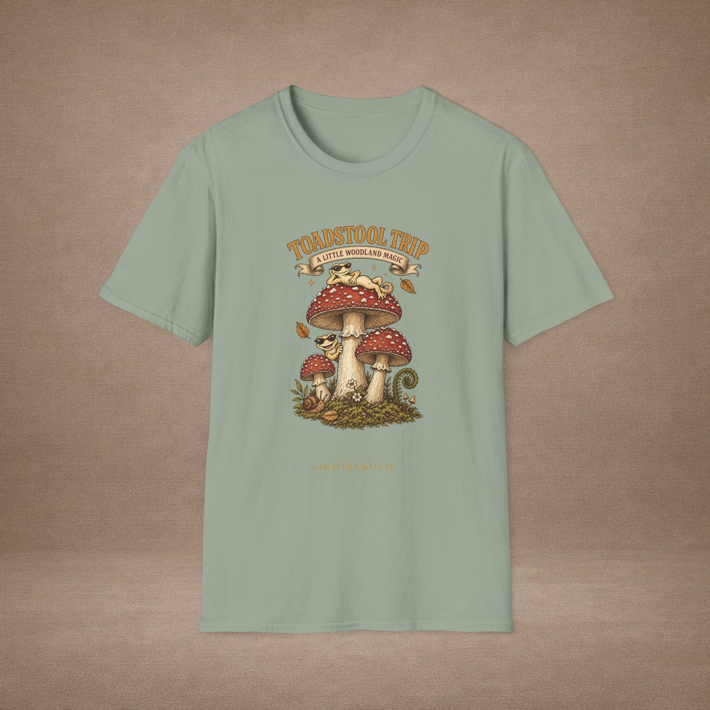 Toadstool Trip cottagecore mushroom & gecko t-shirt — Gold Gecko Co.