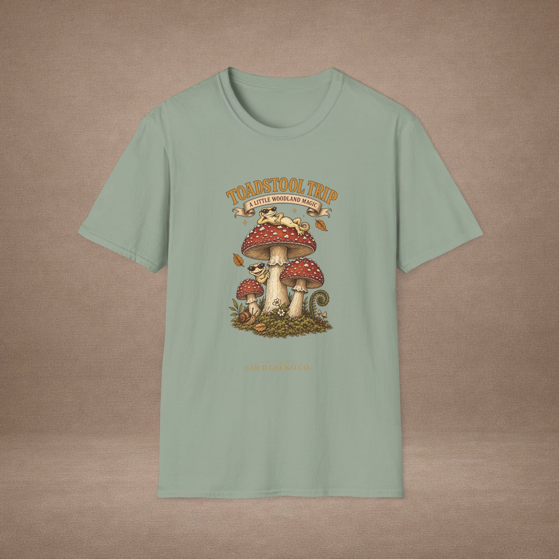 Toadstool Trip cottagecore mushroom & gecko t-shirt — Gold Gecko Co.