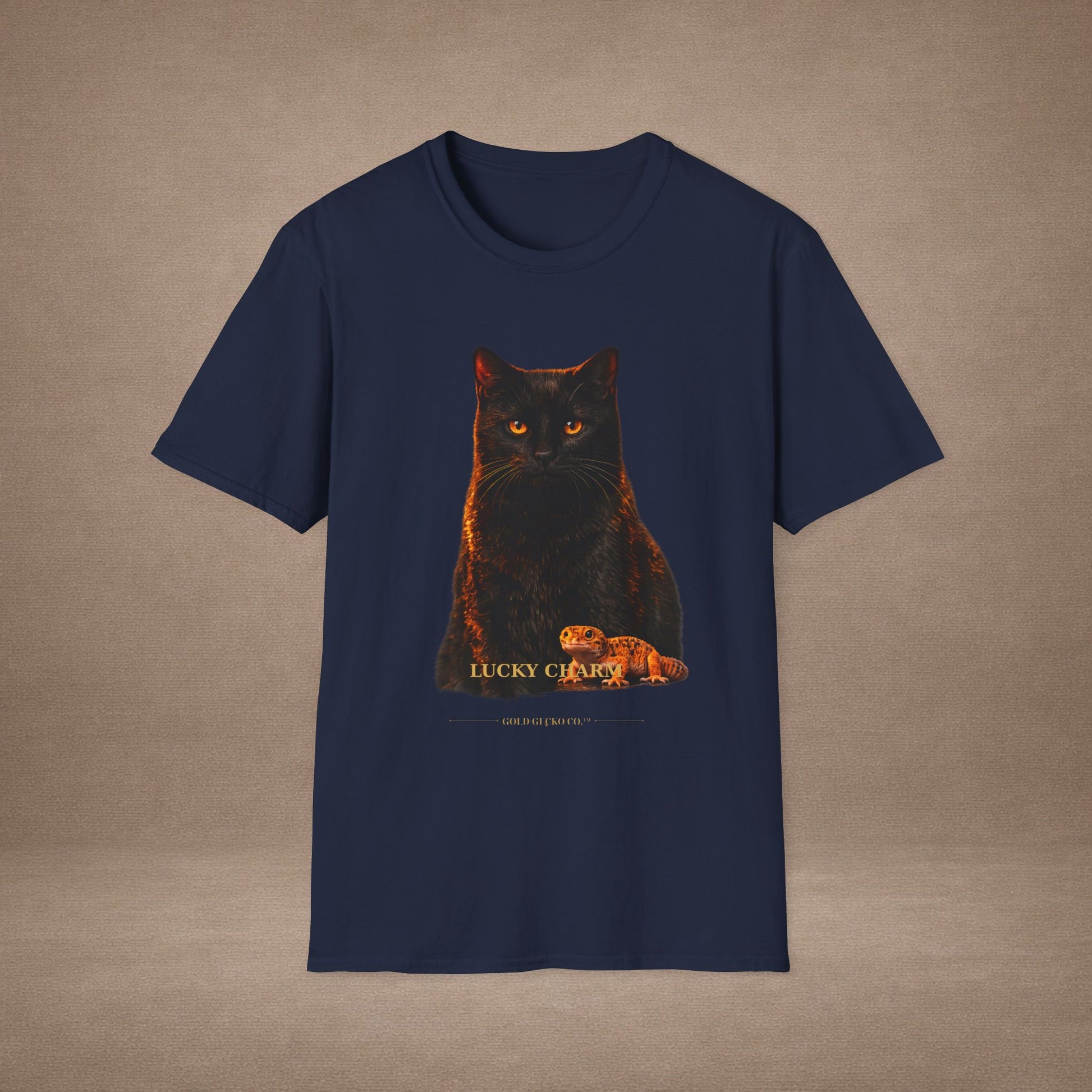 Black Cat — Lucky Charm — photoreal cat breed portraits paired with tiny gecko compani. Gold Gecko Co. Cats & Geckos collection.