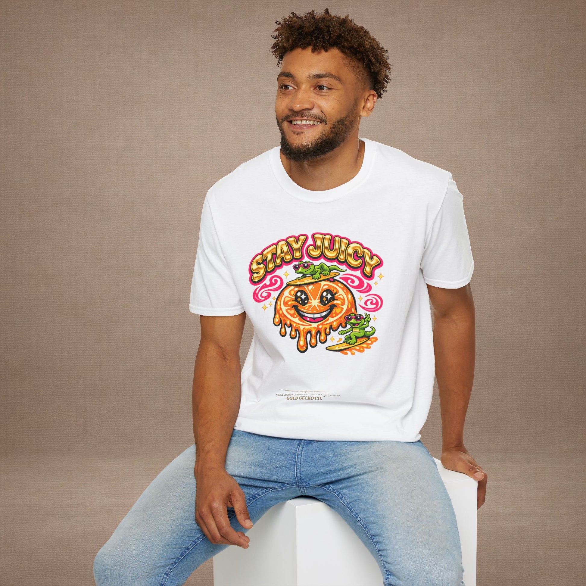 Stay Juicy retro chrome orange & gecko graphic t-shirt — Gold Gecko Co.