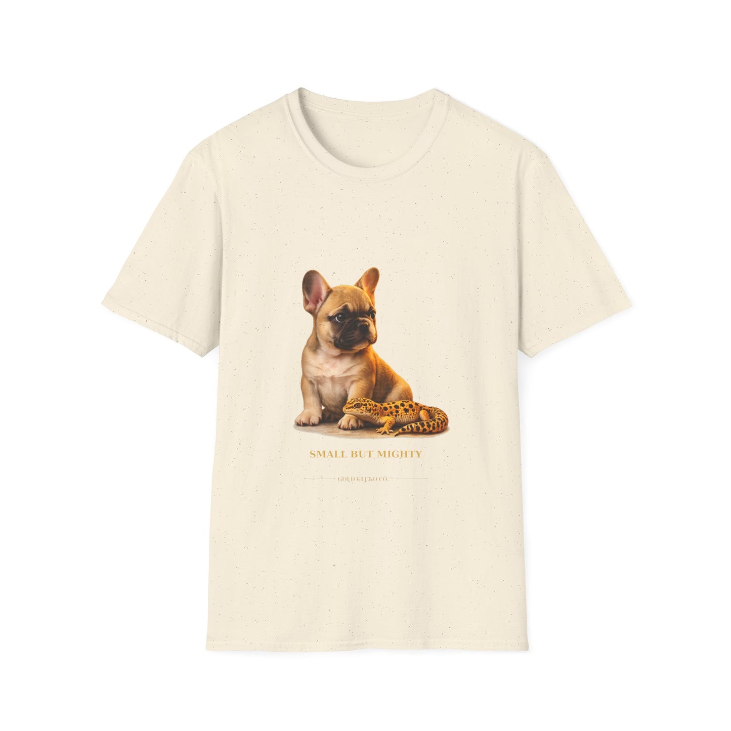 French Bulldog — Small But Mighty — cinematic photoreal portraits of beloved dog breeds paired w. Gold Gecko Co. Puppies & Geckos collection.