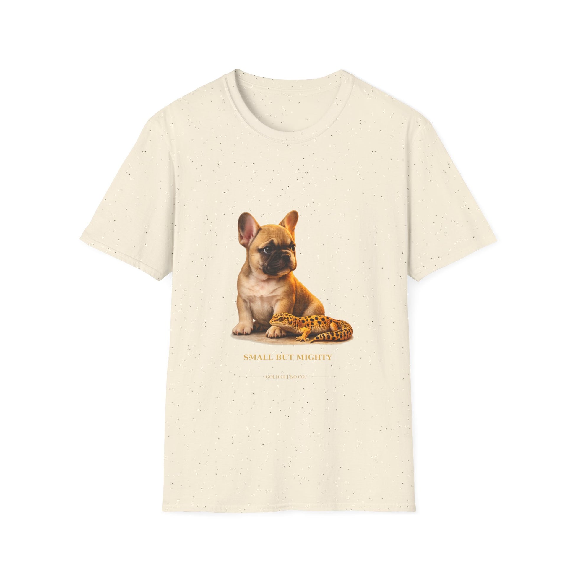French Bulldog — Small But Mighty — cinematic photoreal portraits of beloved dog breeds paired w. Gold Gecko Co. Puppies & Geckos collection.
