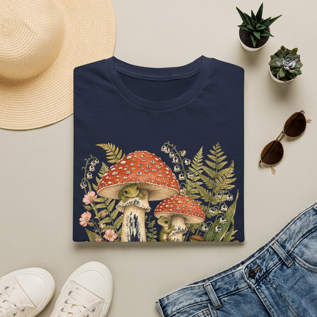 Mushroom Village cottagecore watercolor T-shirt from Gold Gecko Co. — gecko exploring a whimsical toadstool village in the woods.