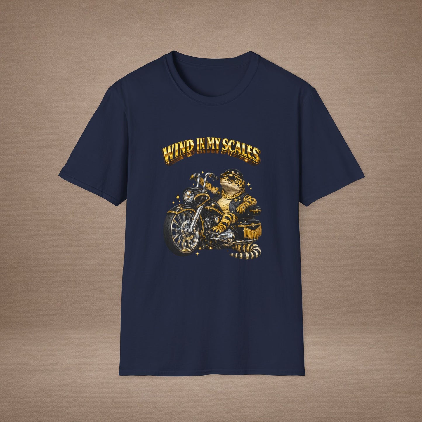 DESIGN #38 Wind in My Scales — Bagger Gecko Tee (Front & Back) Golden Letters