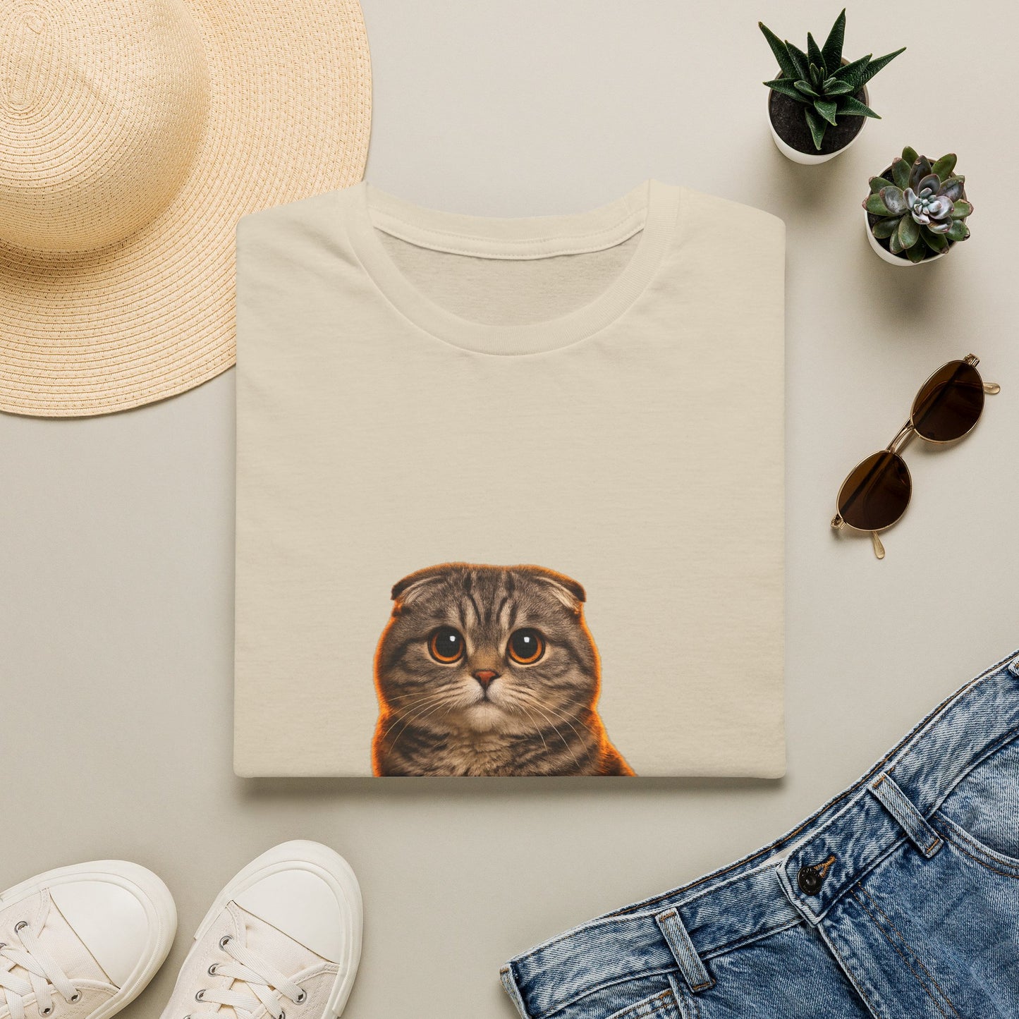 Scottish Fold — Ears For Days — photoreal cat breed portraits paired with tiny gecko compani. Gold Gecko Co. Cats & Geckos collection.