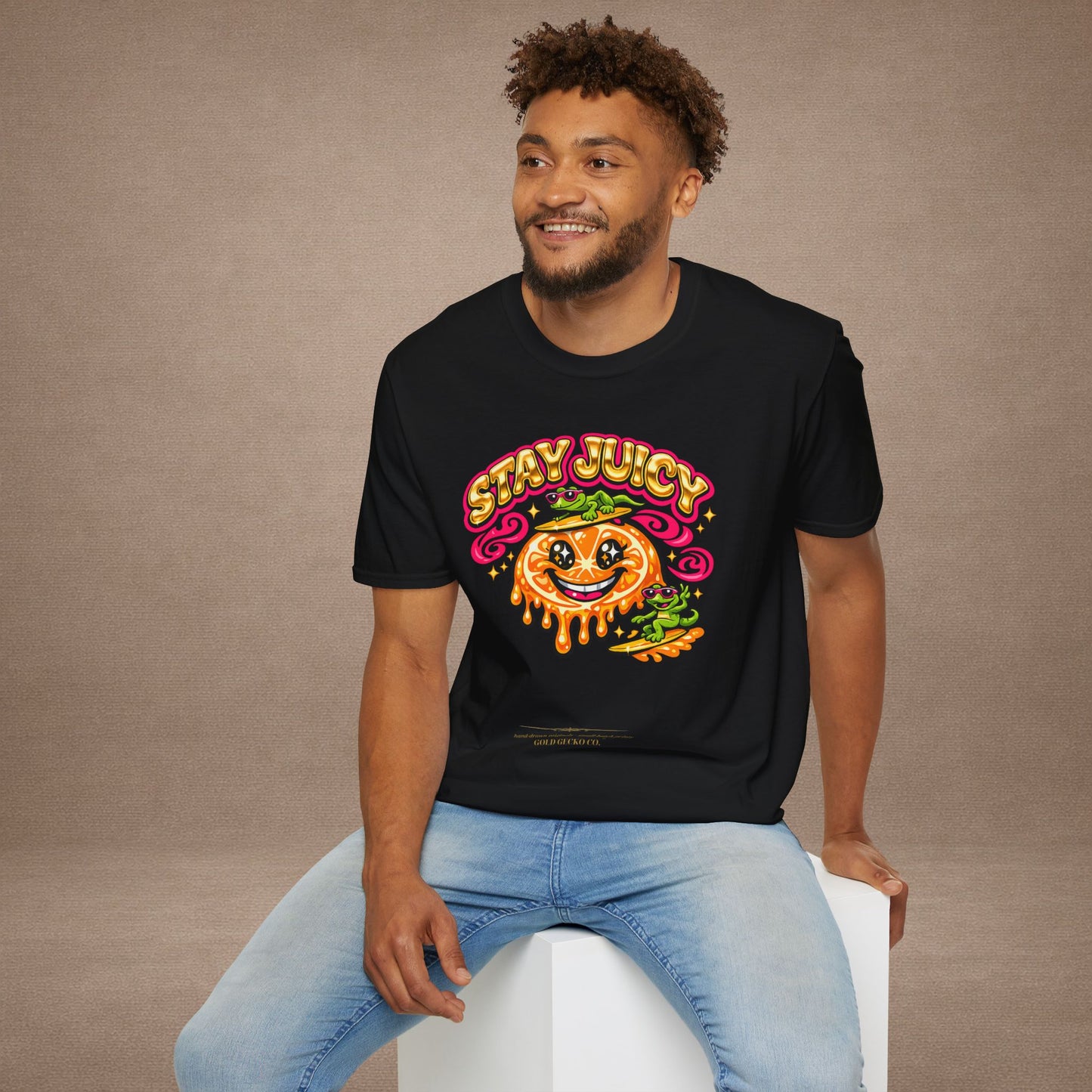 Stay Juicy retro chrome orange & gecko graphic t-shirt — Gold Gecko Co.