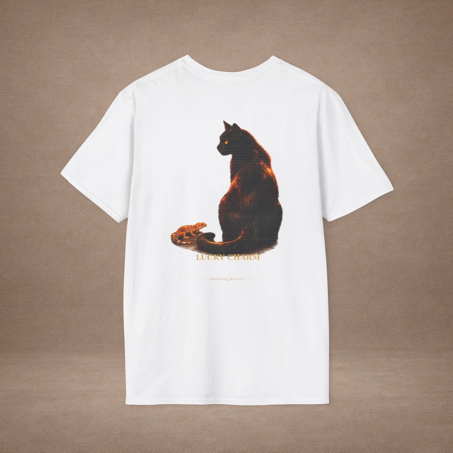 Black Cat — Lucky Charm — photoreal cat breed portraits paired with tiny gecko compani. Gold Gecko Co. Cats & Geckos collection.