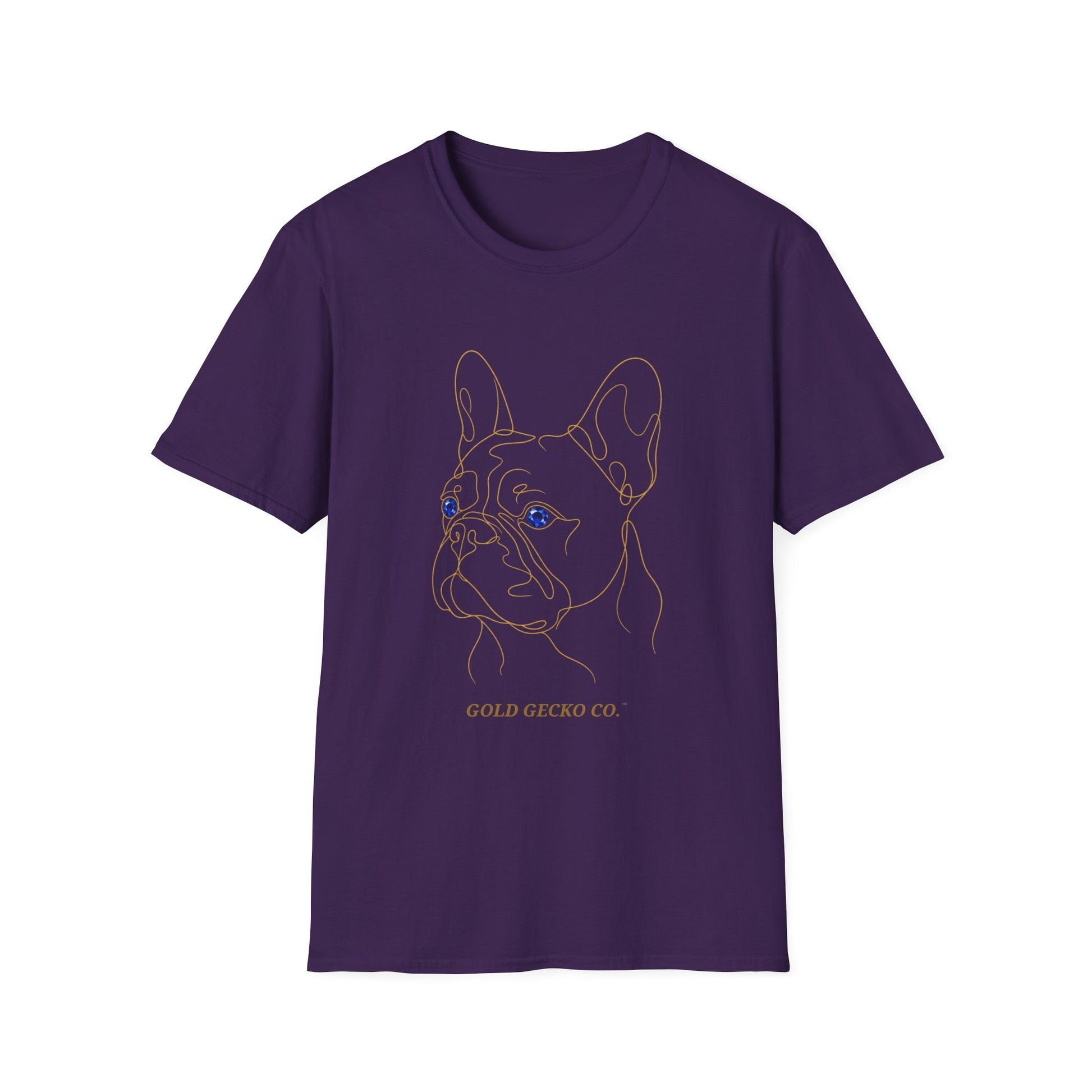Sapphire French Bulldog single-line art with sapphire blue gem eye — Gold Gecko Co. Line & Gold collection (Dark)