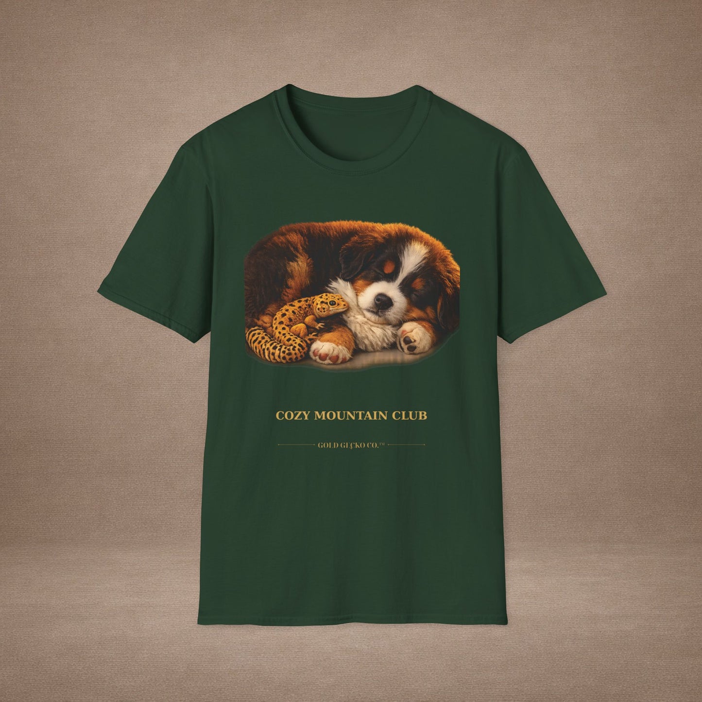 Bernese Mountain Dog — Cozy Mountain Club — cinematic photoreal portraits of beloved dog breeds paired w. Gold Gecko Co. Puppies & Geckos collection.