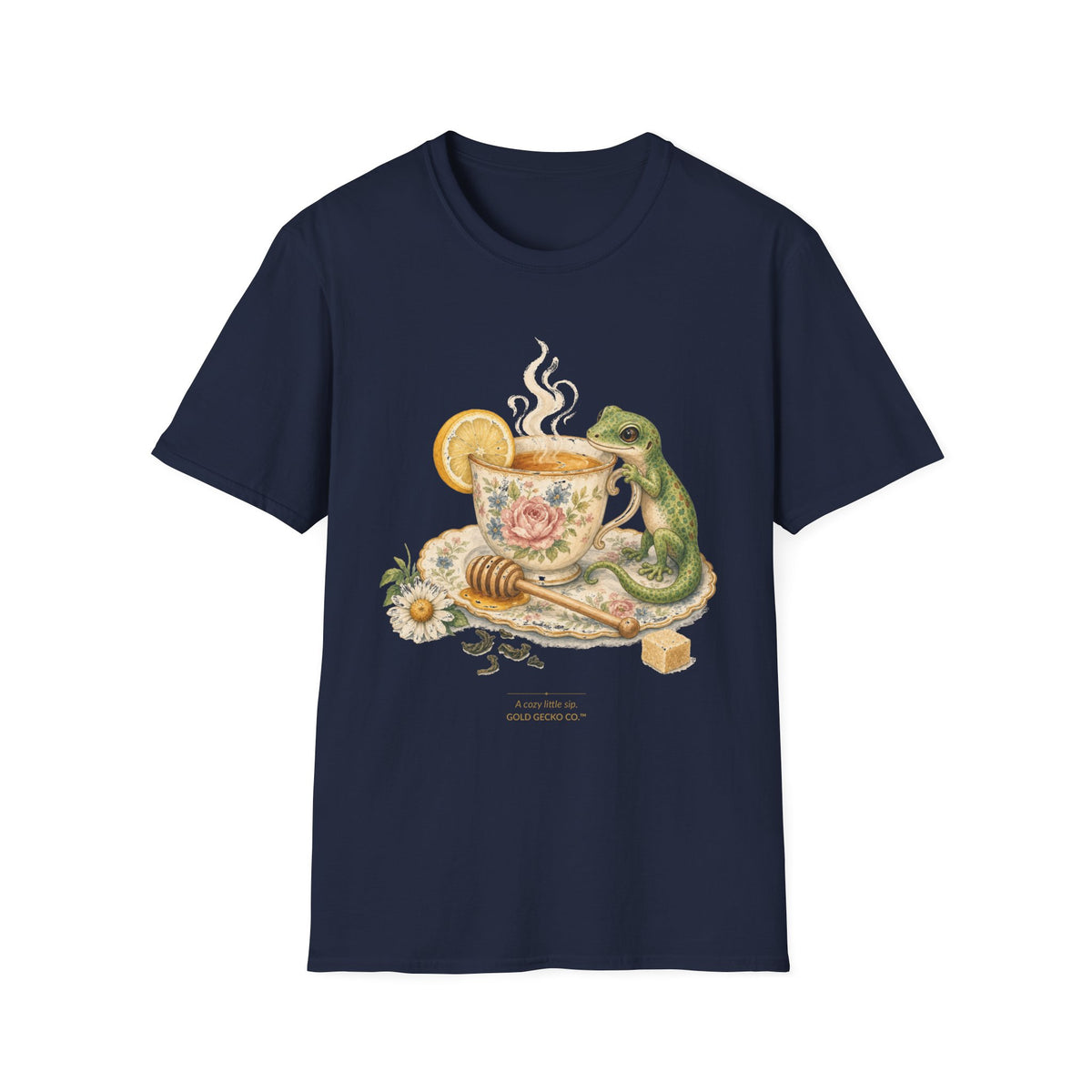 Tea Time Gecko cottagecore watercolor T-shirt from Gold Gecko Co. — gecko sipping from a floral teacup among daisies and lavender.