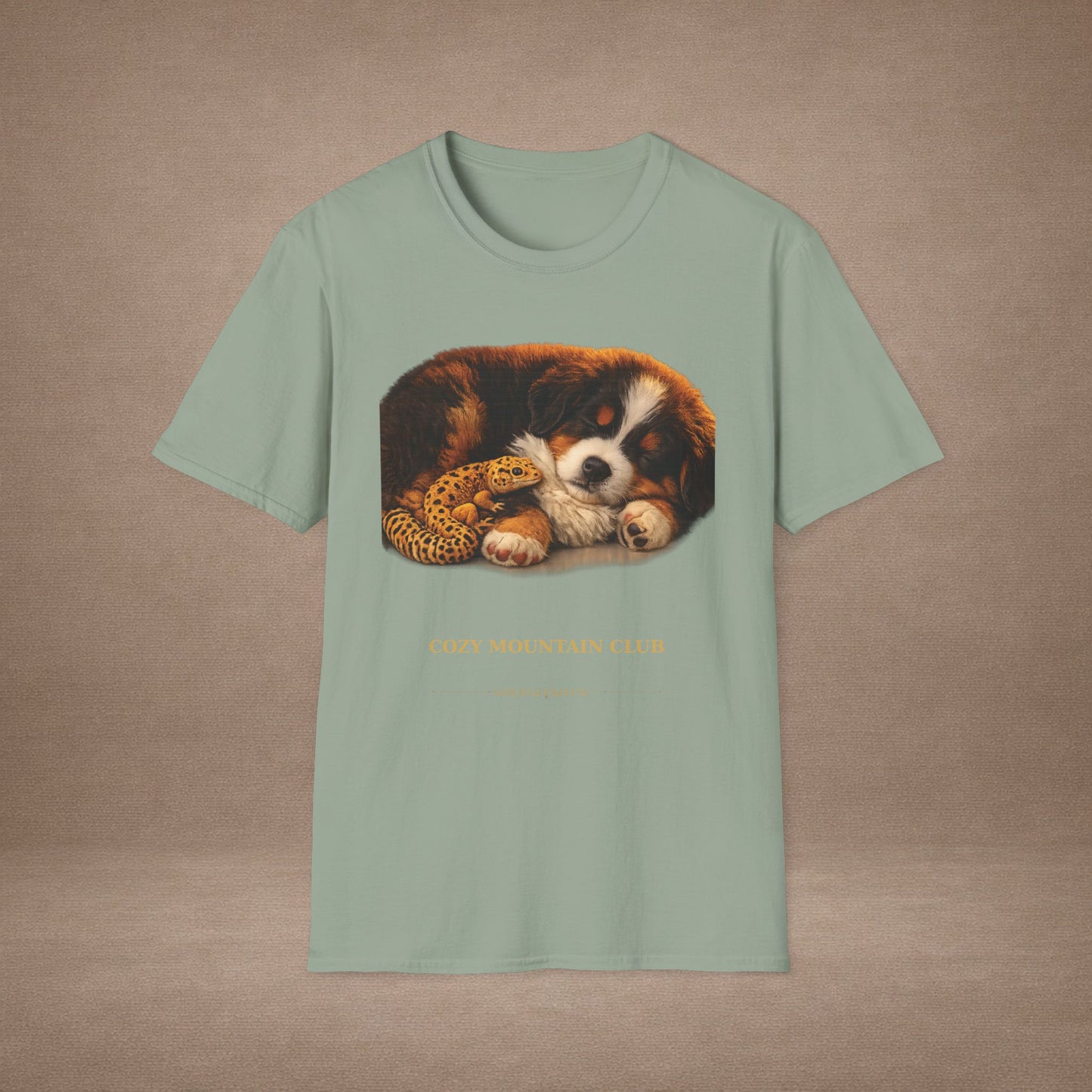Bernese Mountain Dog — Cozy Mountain Club — cinematic photoreal portraits of beloved dog breeds paired w. Gold Gecko Co. Puppies & Geckos collection.