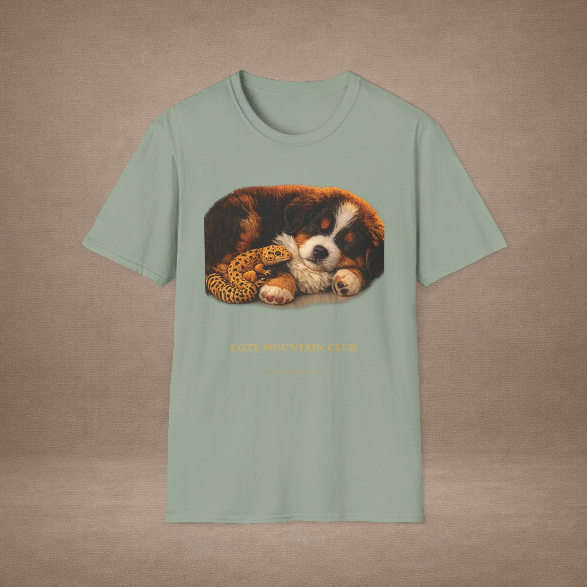 Bernese Mountain Dog — Cozy Mountain Club — cinematic photoreal portraits of beloved dog breeds paired w. Gold Gecko Co. Puppies & Geckos collection.