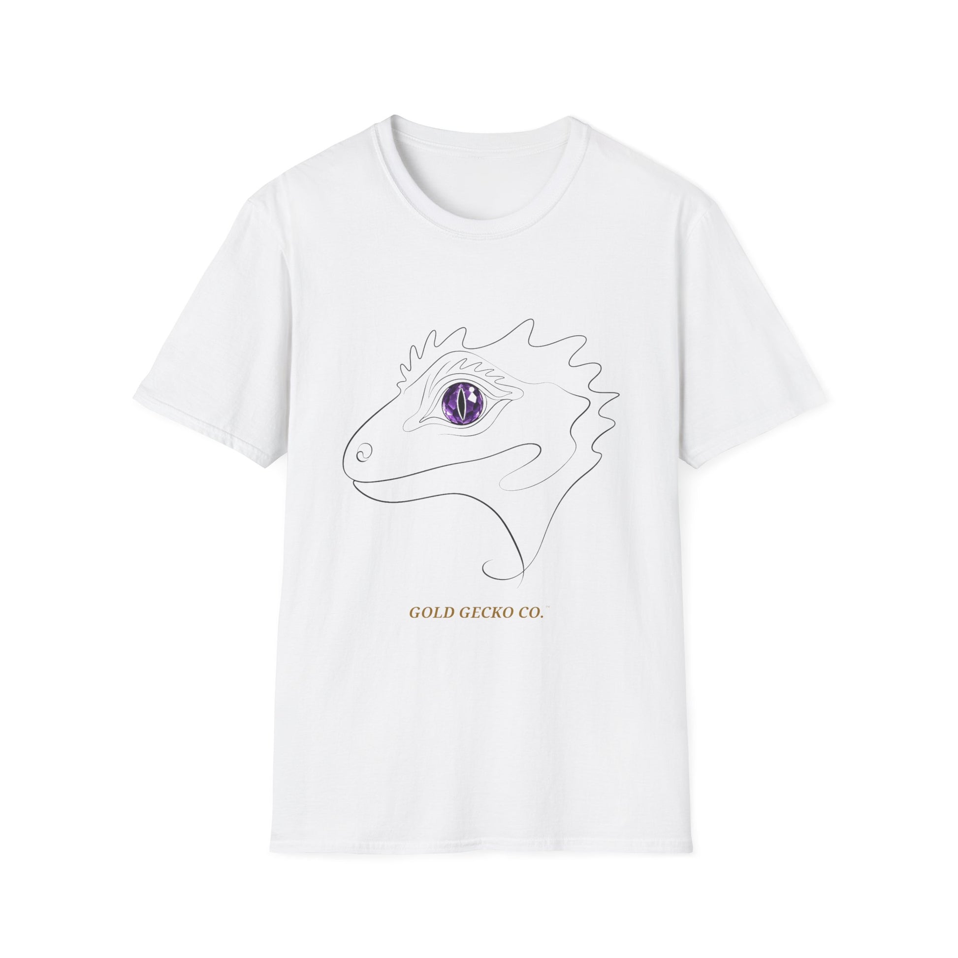 Amethyst Crested Gecko single-line art with amethyst purple gem eye — Gold Gecko Co. Line & Gold collection (Light)