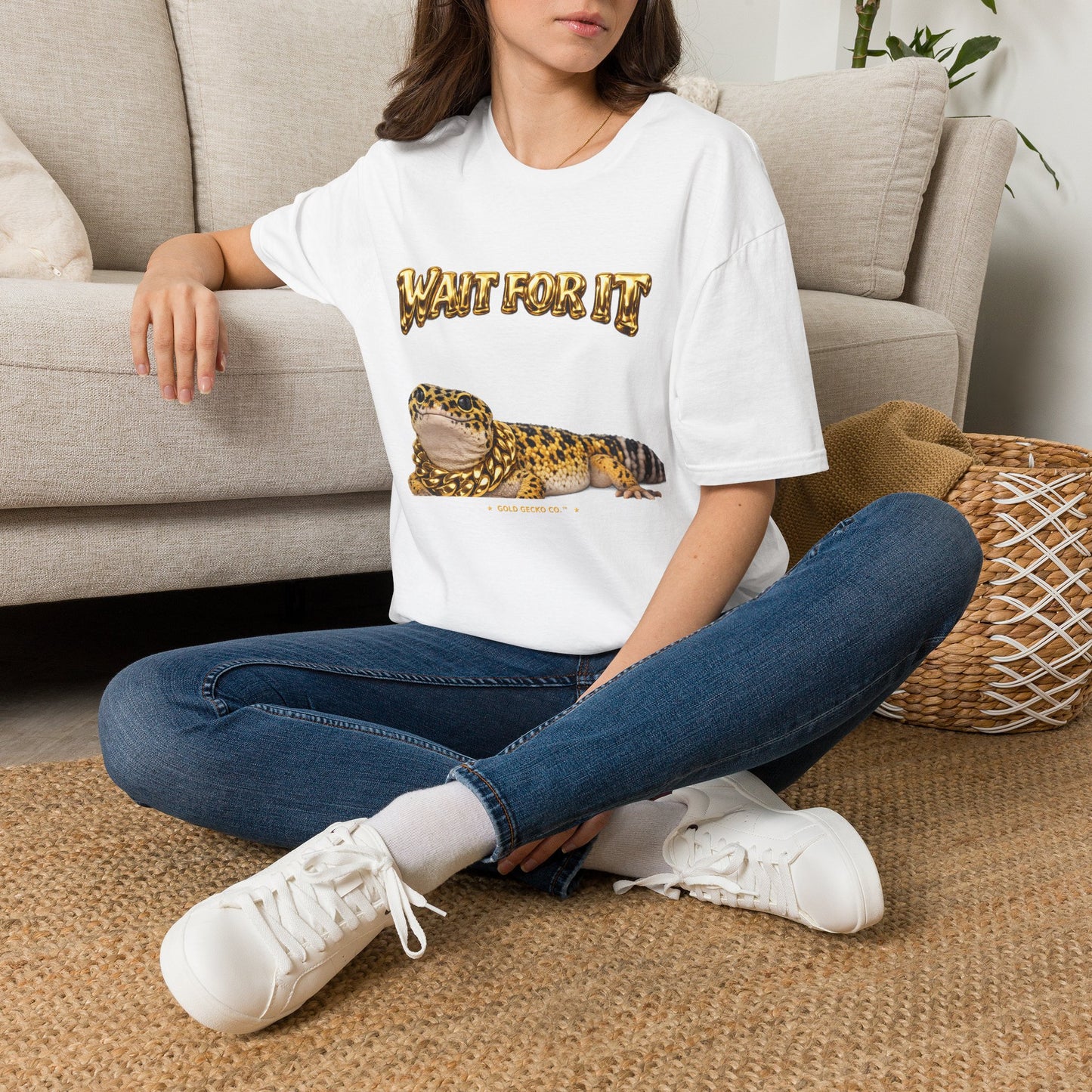 DESIGN #21 Wait For It... Lounging Leopard Gecko Tee (Front & Back) - Gold Lettering