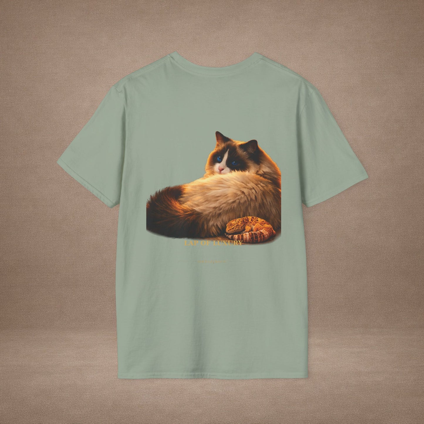 Ragdoll — Lap Of Luxury — photoreal cat breed portraits paired with tiny gecko compani. Gold Gecko Co. Cats & Geckos collection.