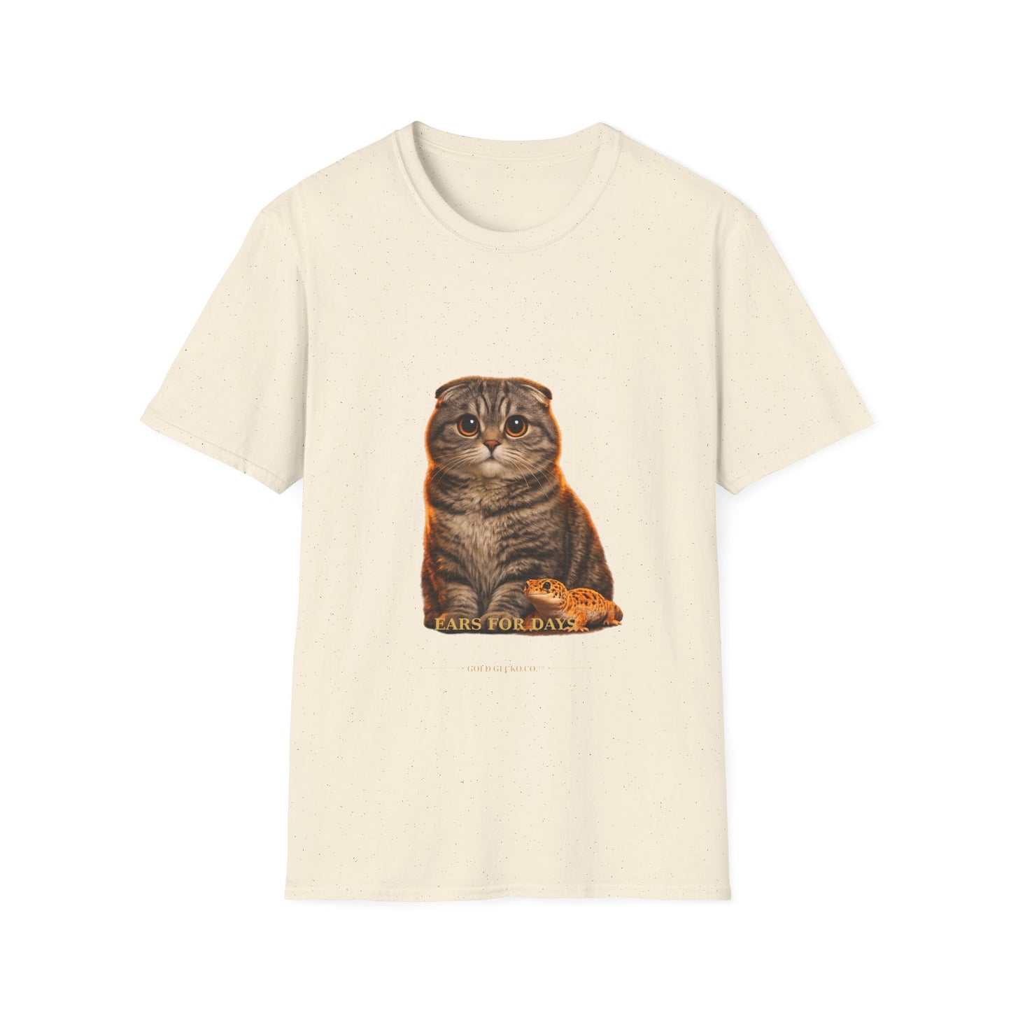 Scottish Fold — Ears For Days — photoreal cat breed portraits paired with tiny gecko compani. Gold Gecko Co. Cats & Geckos collection.