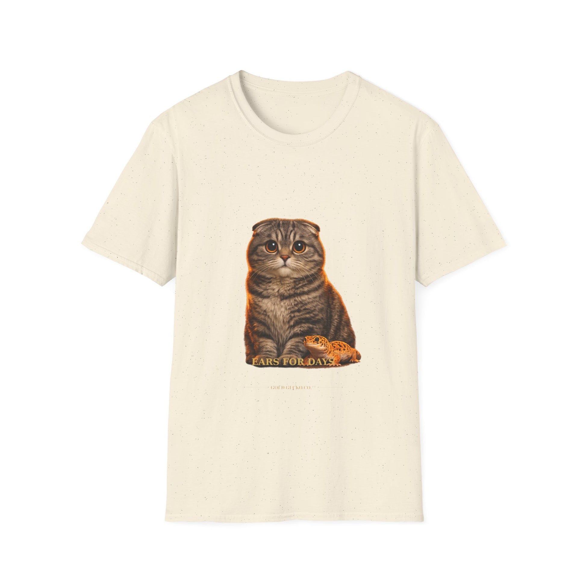 Scottish Fold — Ears For Days — photoreal cat breed portraits paired with tiny gecko compani. Gold Gecko Co. Cats & Geckos collection.