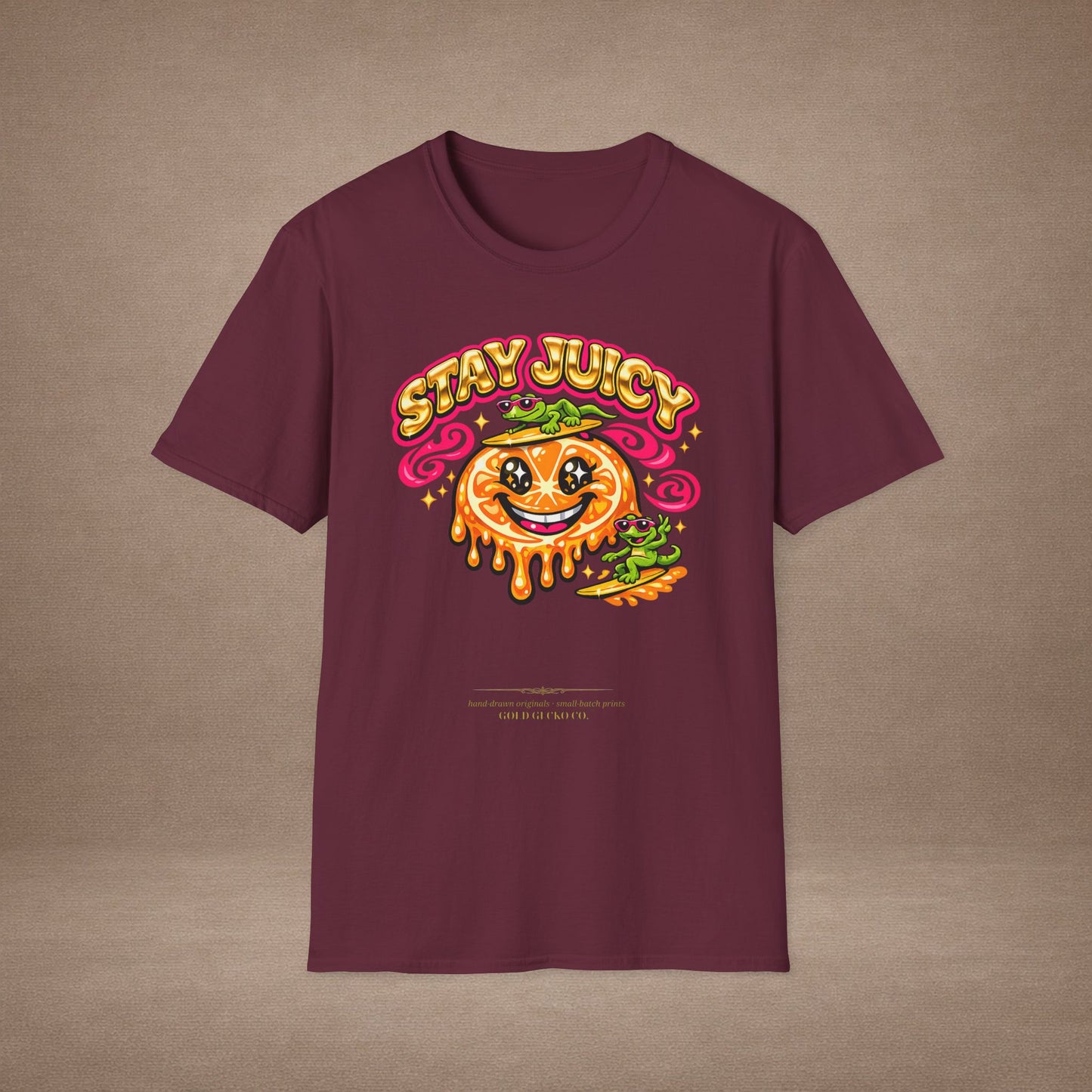 Stay Juicy retro chrome orange & gecko graphic t-shirt — Gold Gecko Co.