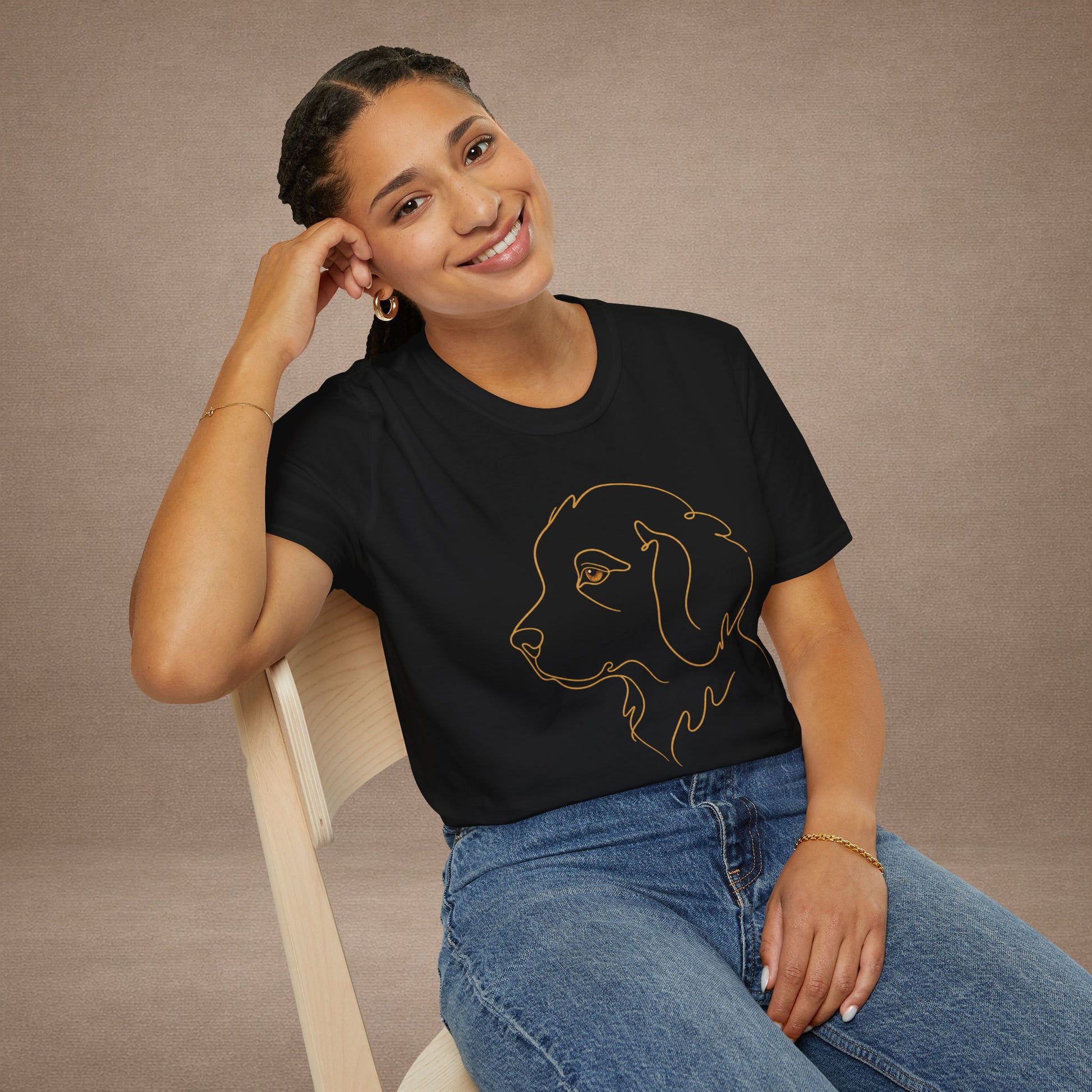 Topaz Golden Retriever single-line art with topaz gold gem eye — Gold Gecko Co. Line & Gold collection (Dark)