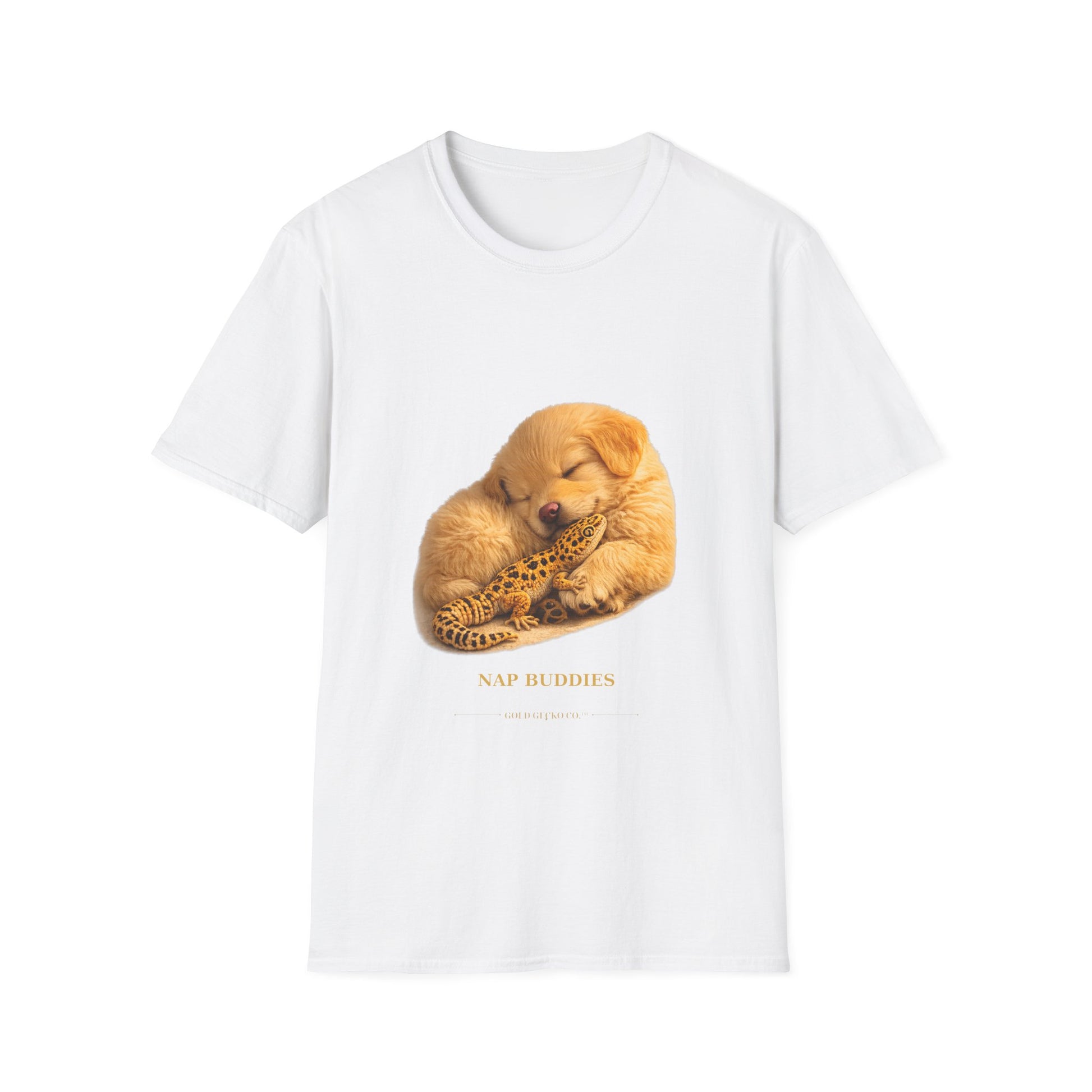 Golden Retriever — Nap Buddies — cinematic photoreal portraits of beloved dog breeds paired w. Gold Gecko Co. Puppies & Geckos collection.