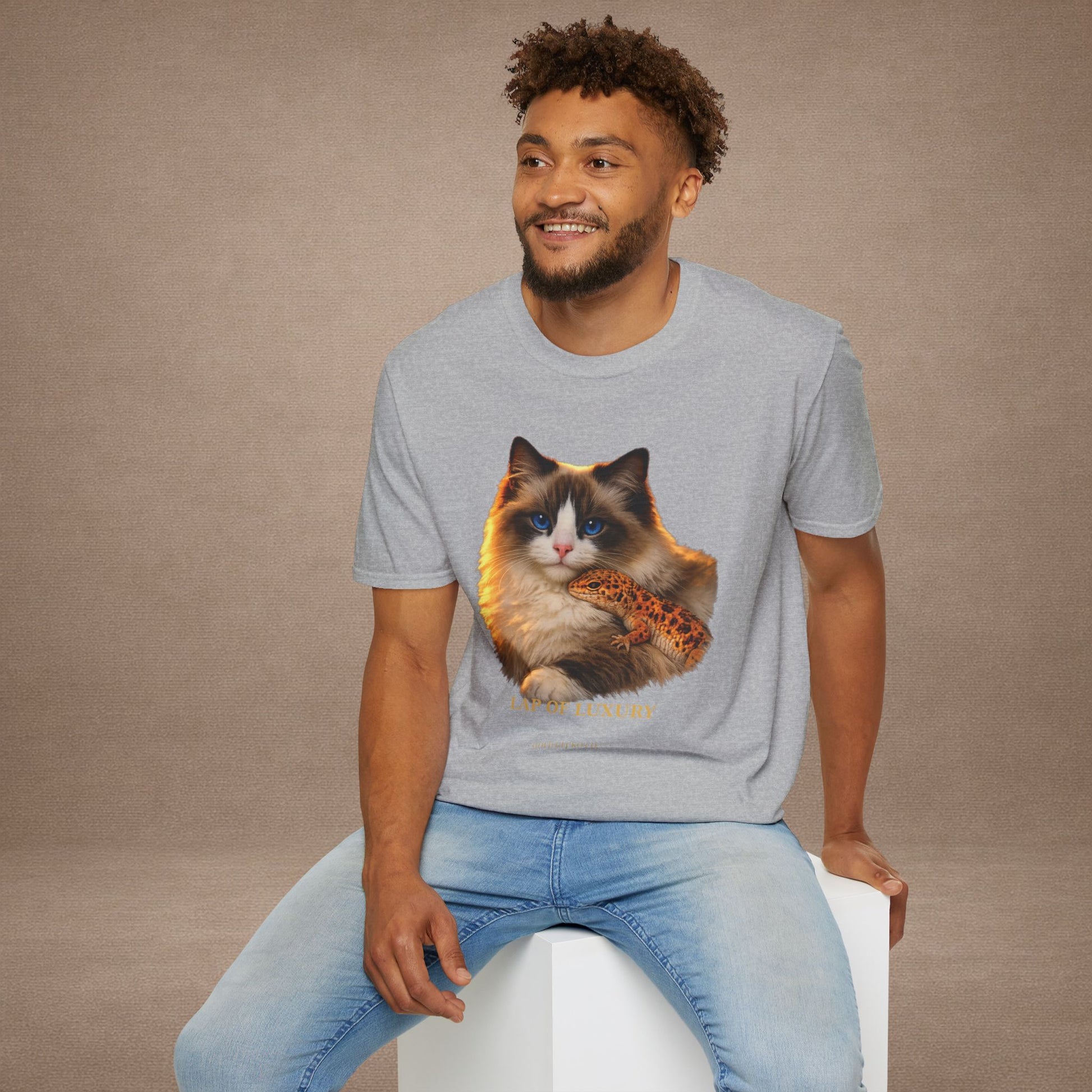 Ragdoll — Lap Of Luxury — photoreal cat breed portraits paired with tiny gecko compani. Gold Gecko Co. Cats & Geckos collection.