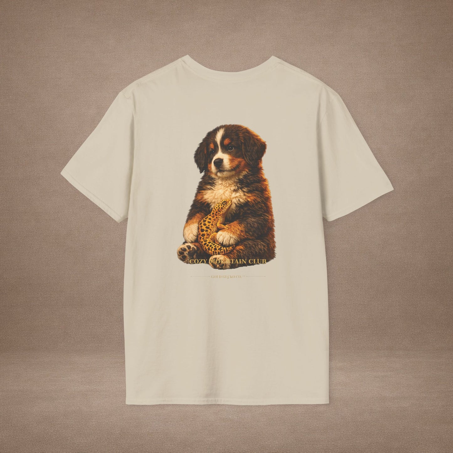 Bernese Mountain Dog — Cozy Mountain Club — cinematic photoreal portraits of beloved dog breeds paired w. Gold Gecko Co. Puppies & Geckos collection.