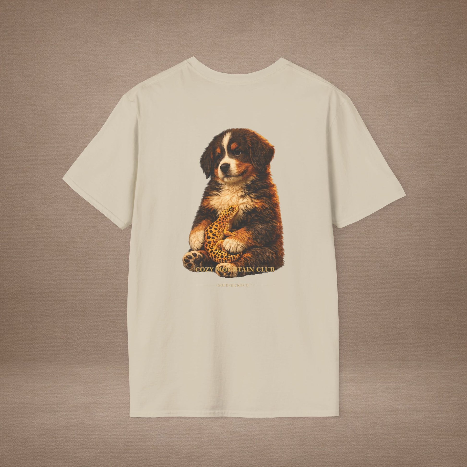 Bernese Mountain Dog — Cozy Mountain Club — cinematic photoreal portraits of beloved dog breeds paired w. Gold Gecko Co. Puppies & Geckos collection.
