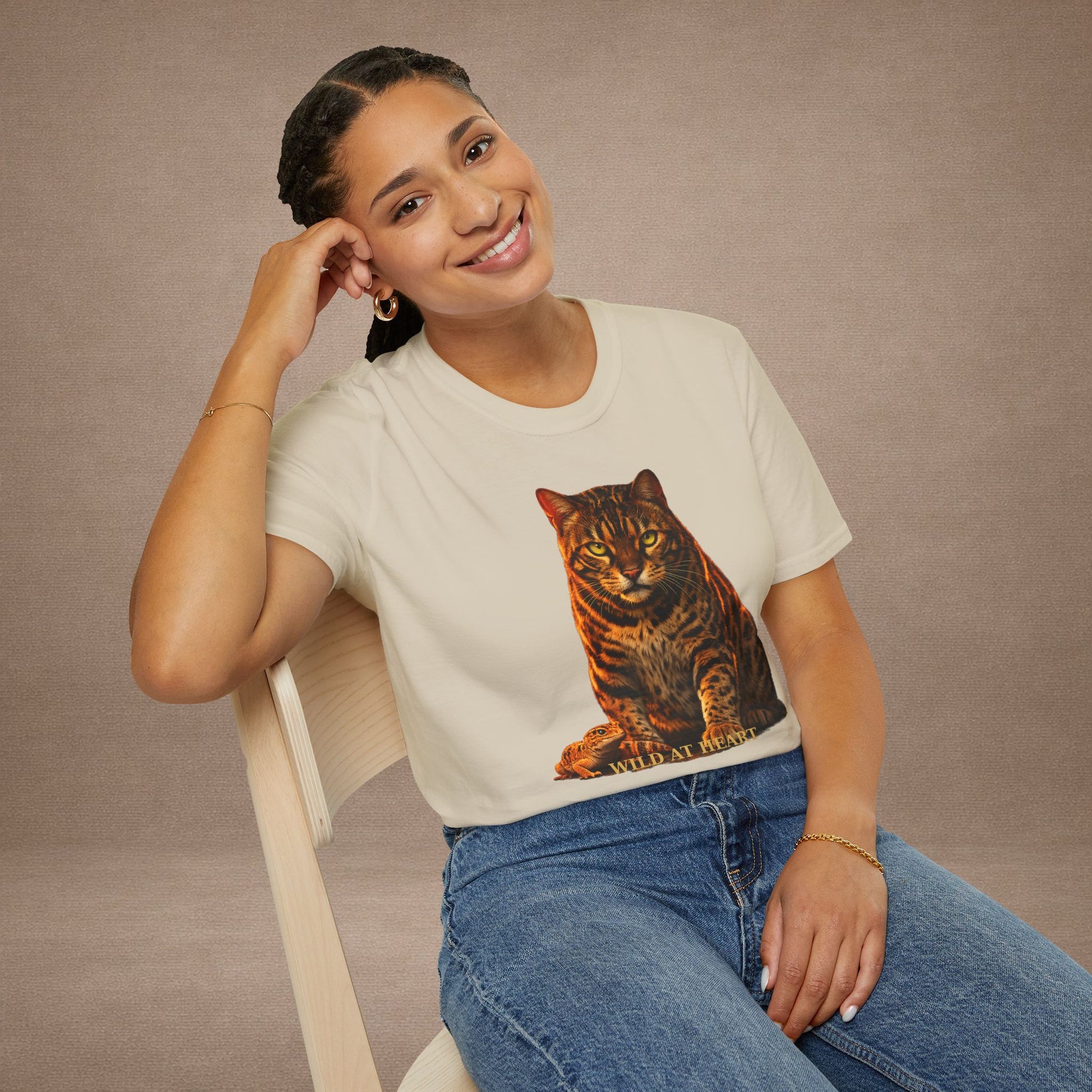 Bengal — Wild At Heart — photoreal cat breed portraits paired with tiny gecko compani. Gold Gecko Co. Cats & Geckos collection.