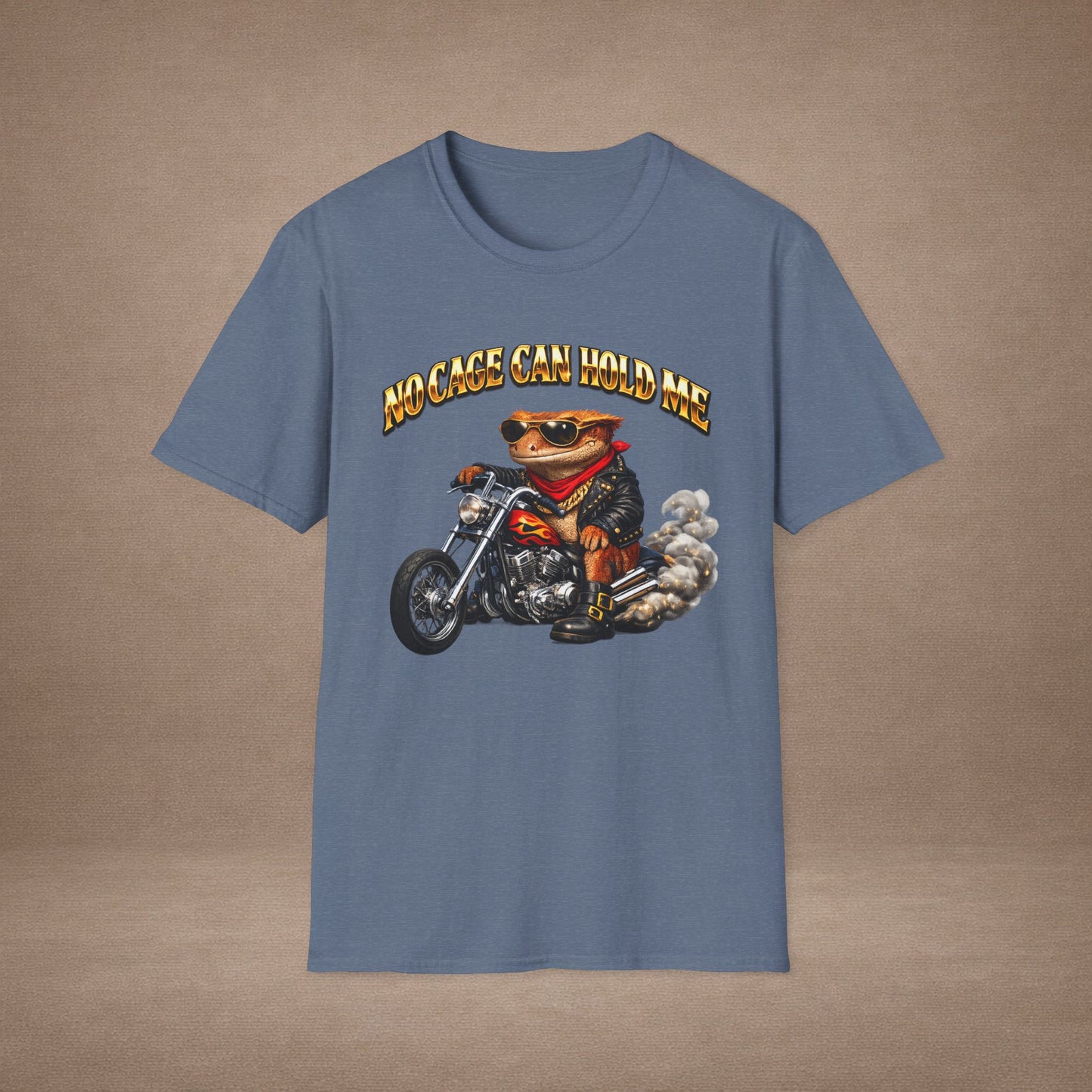 DESIGN #37 No Cage Can Hold Me — Chopper Gecko Tee (Front & Back) Gold Lettering