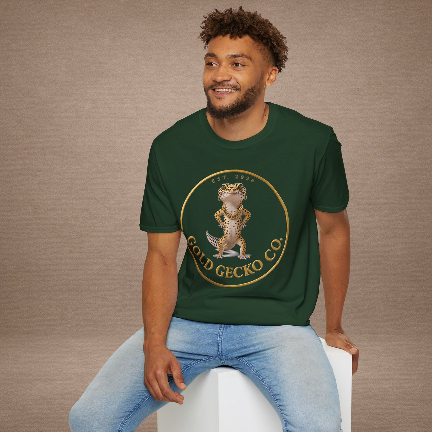 Design # 001  Gold Gecko Co. tm - Signature Logo Tee — Emblem Graphic T-Shirt (Front @ Back)