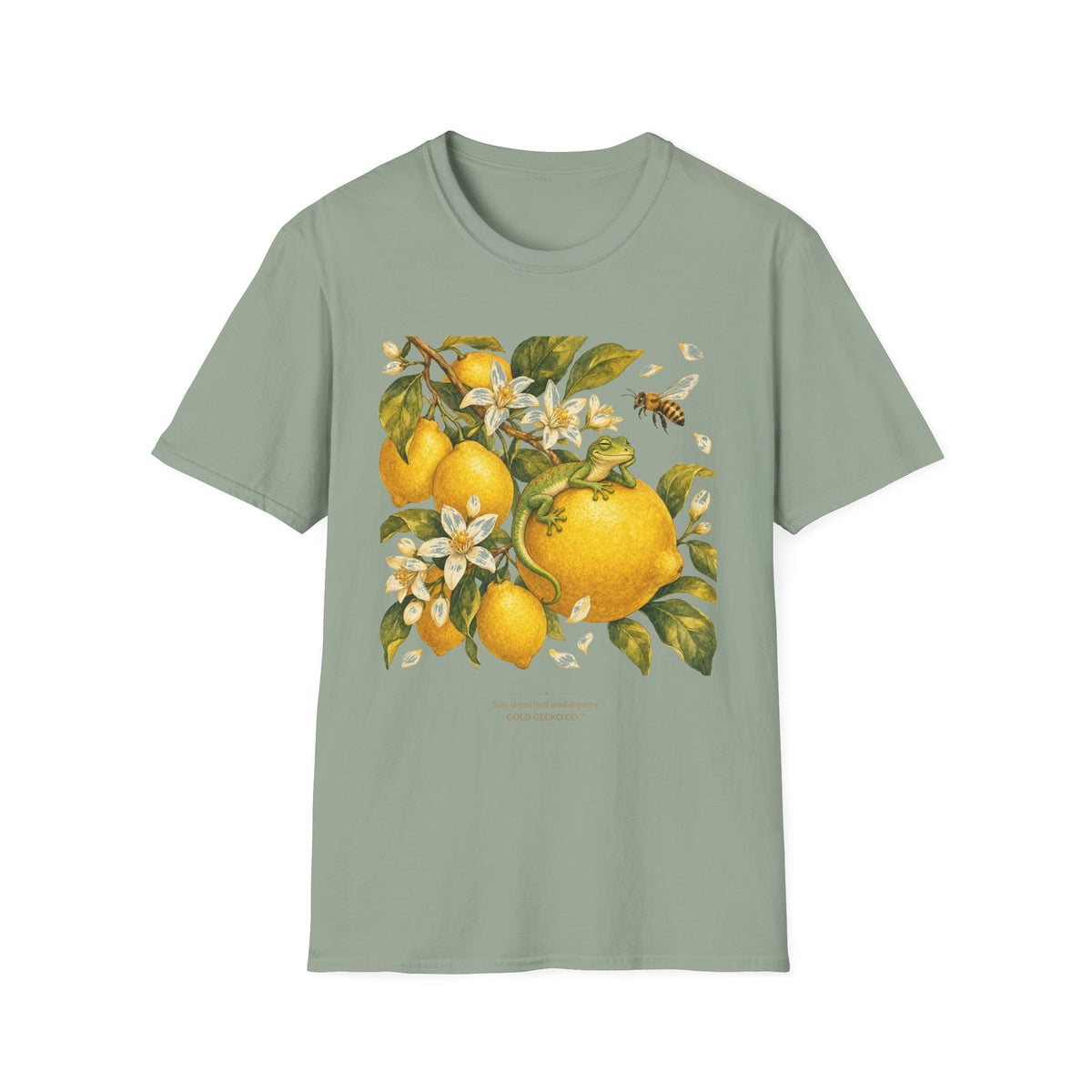 Citrus Grove Gecko cottagecore watercolor T-shirt from Gold Gecko Co. — gecko in a sunlit Mediterranean citrus grove of lemons and oranges.