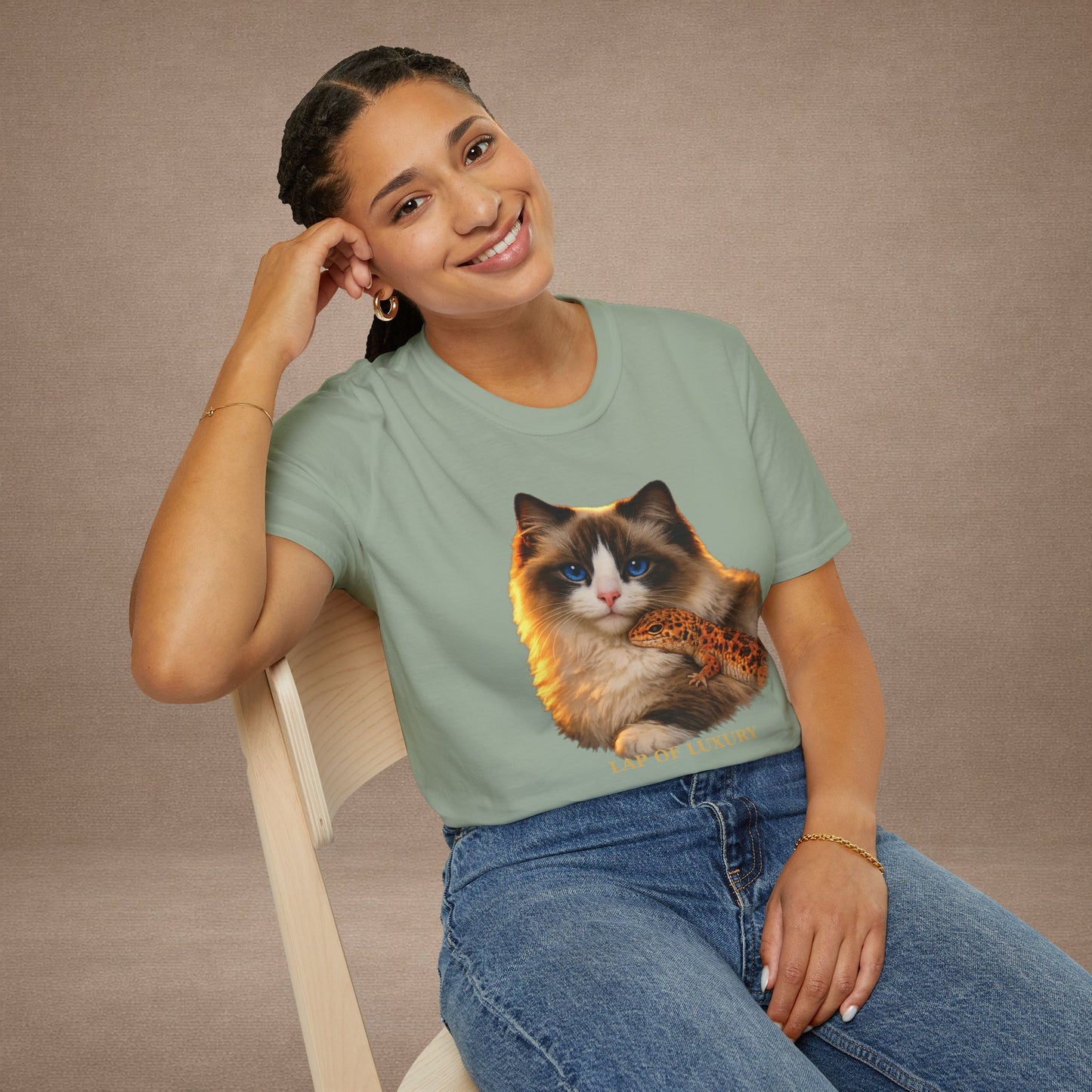 Ragdoll — Lap Of Luxury — photoreal cat breed portraits paired with tiny gecko compani. Gold Gecko Co. Cats & Geckos collection.