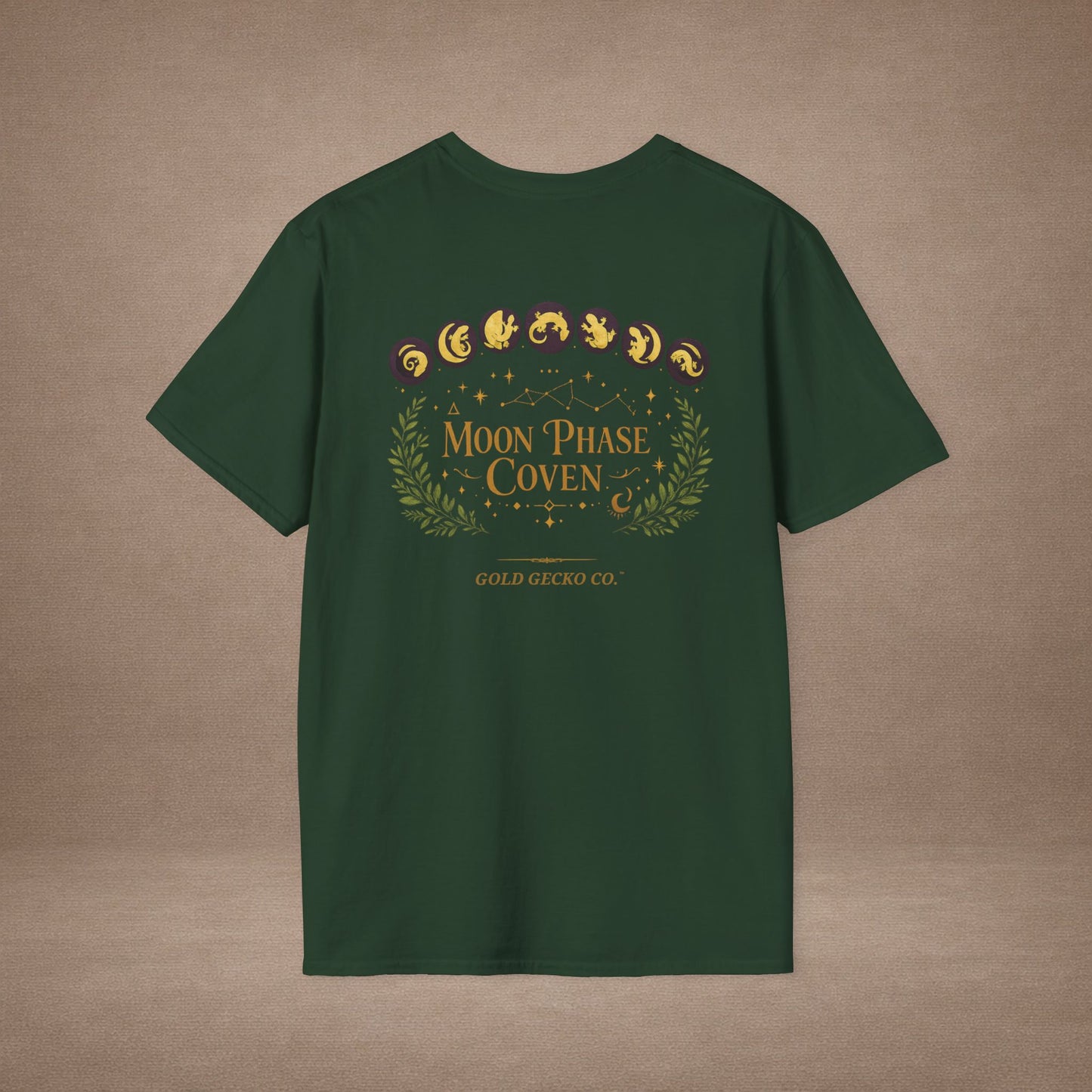 Moon Phase Coven gecko t-shirt with Coven Banner back — Gold Gecko Co. Moon & Mystic collection