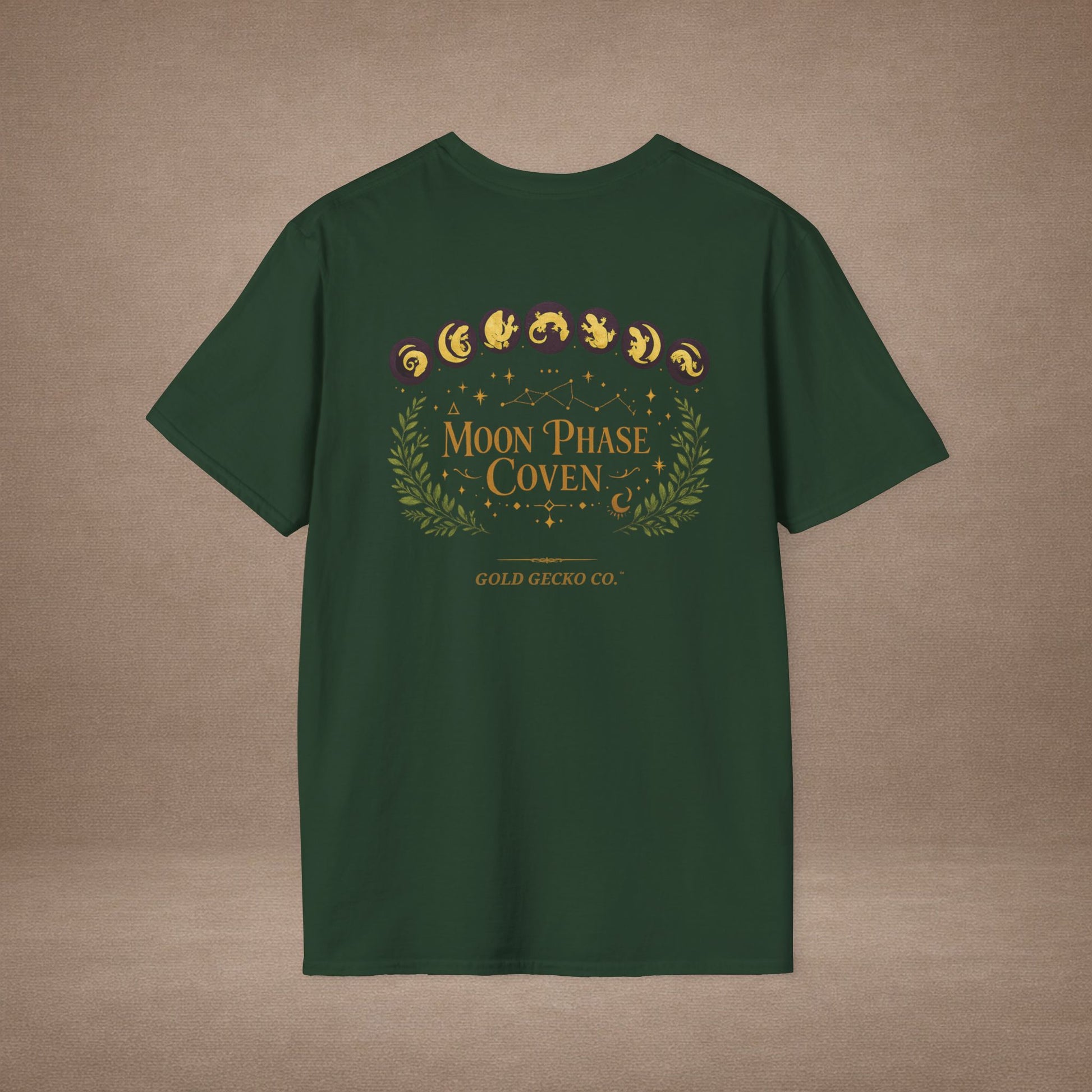 Moon Phase Coven gecko t-shirt with Coven Banner back — Gold Gecko Co. Moon & Mystic collection