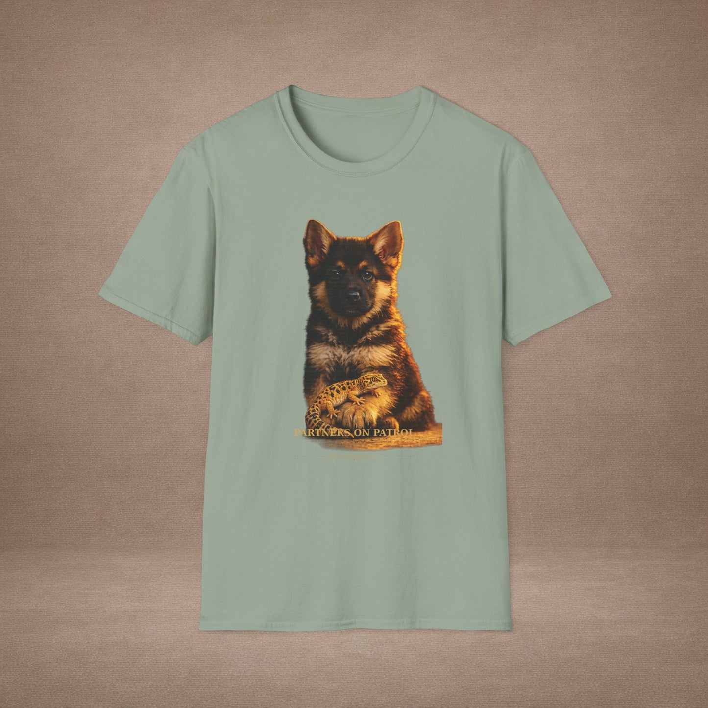 German Shepherd — Partners On Patrol — cinematic photoreal portraits of beloved dog breeds paired w. Gold Gecko Co. Puppies & Geckos collection.