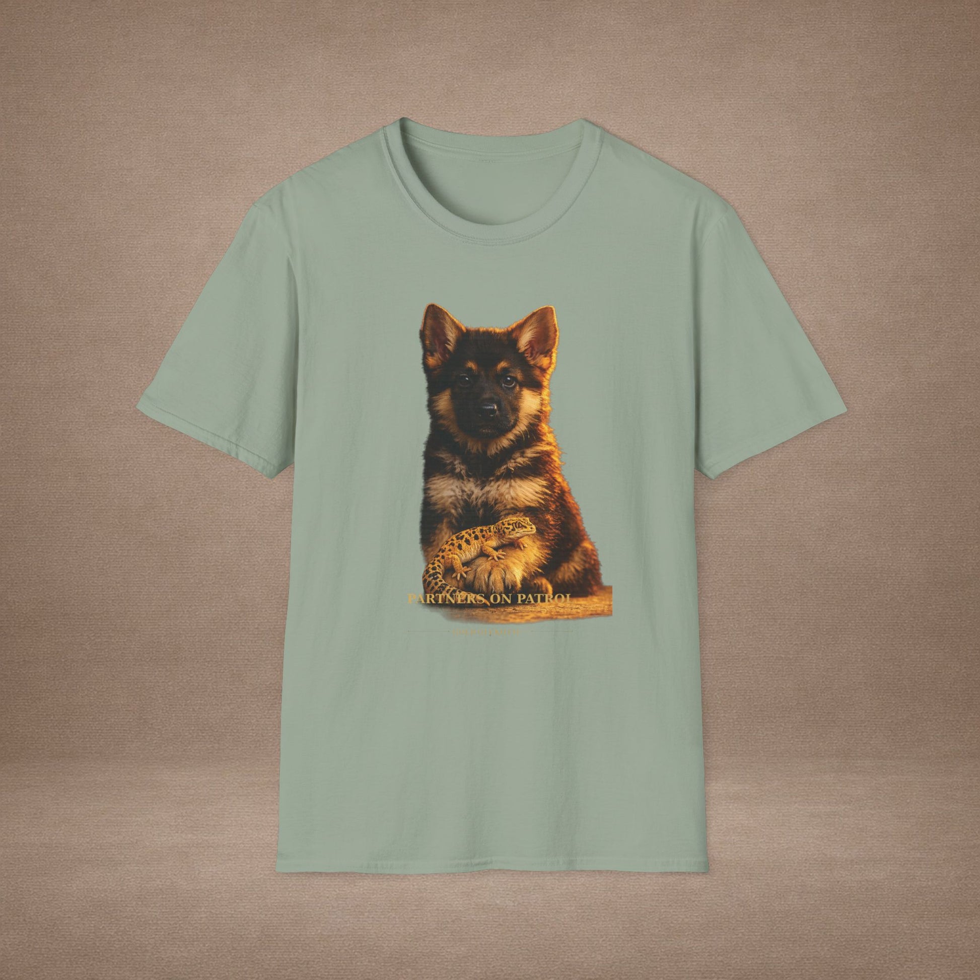 German Shepherd — Partners On Patrol — cinematic photoreal portraits of beloved dog breeds paired w. Gold Gecko Co. Puppies & Geckos collection.
