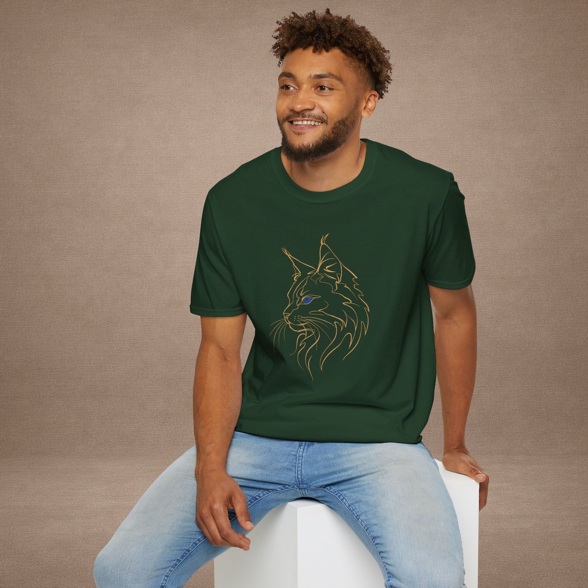 Sapphire Maine Coon single-line art with sapphire blue gem eye — Gold Gecko Co. Line & Gold collection (Dark)