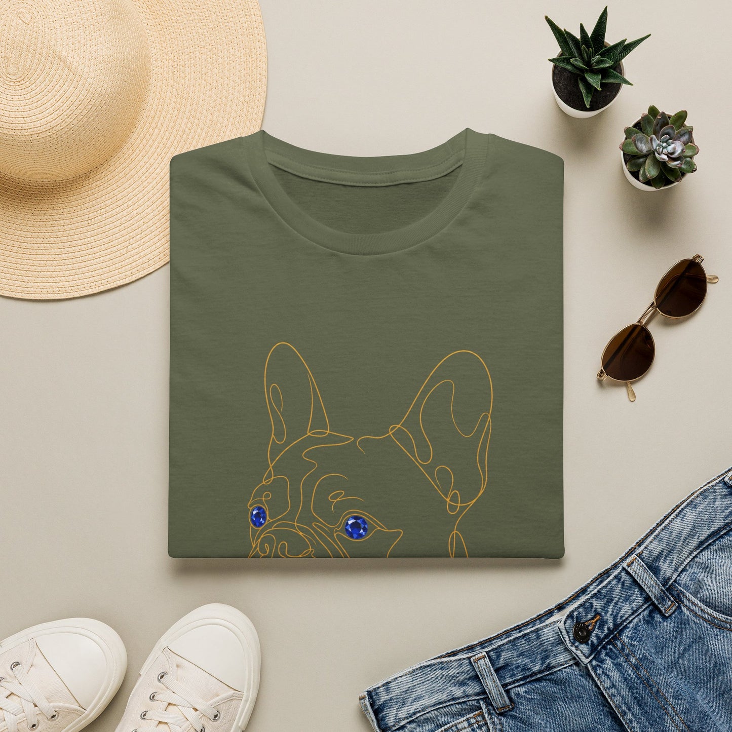 Sapphire French Bulldog single-line art with sapphire blue gem eye — Gold Gecko Co. Line & Gold collection (Dark)