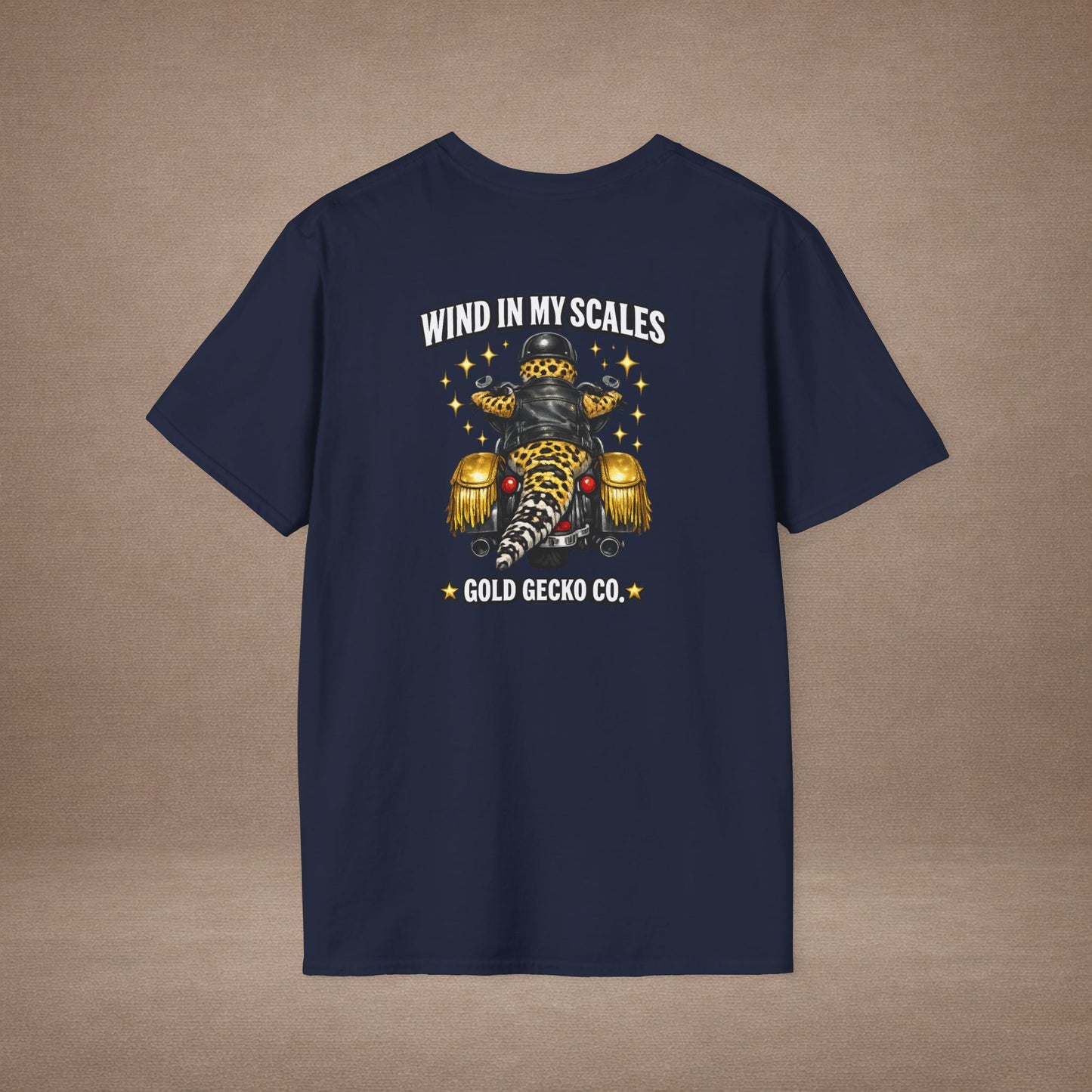DESIGN #38 Wind in My Scales — Bagger Gecko Tee (Front & Back) Golden Letters