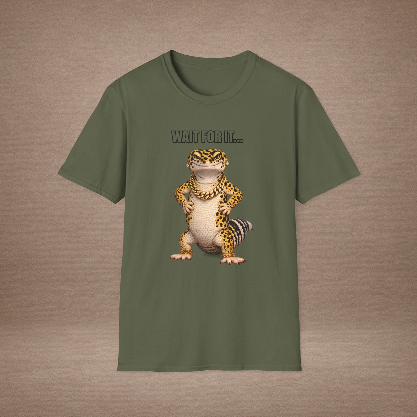 DESIGN #22- Wait For It… — Standing Leopard Gecko Tee (Front & Back)   - (White Letters)