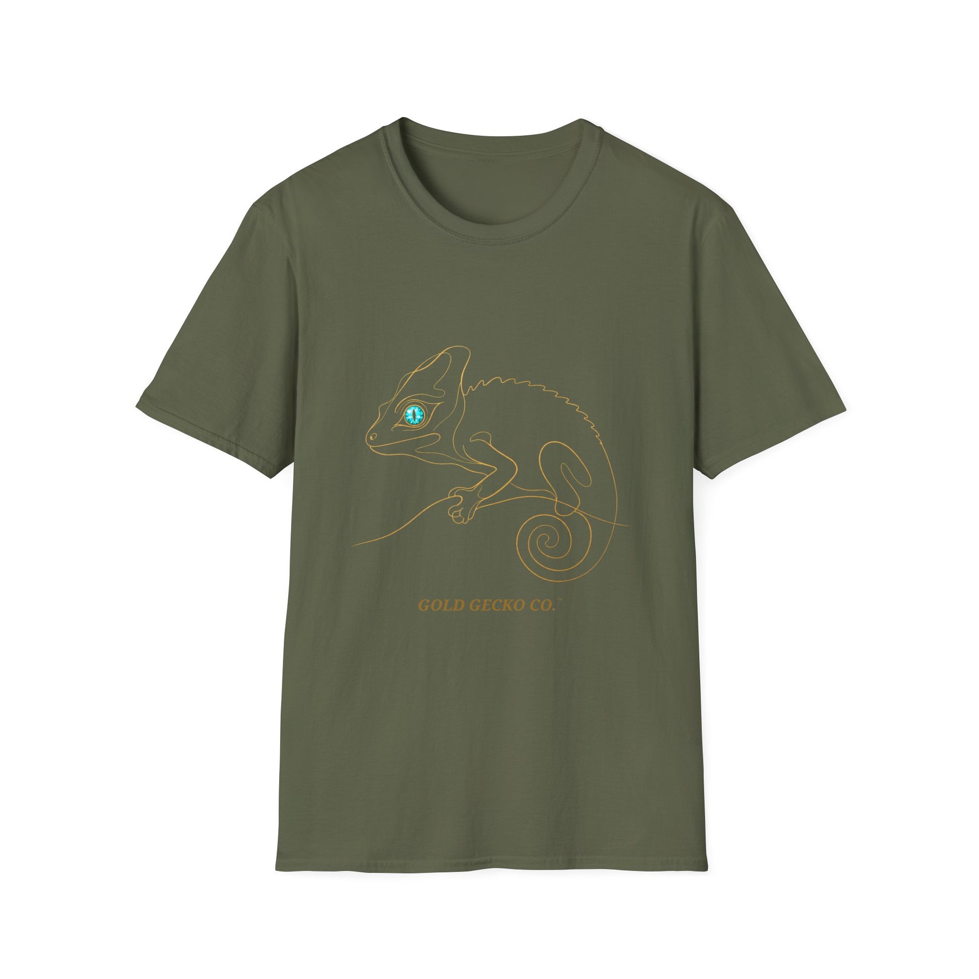 Turquoise Chameleon single-line art with turquoise gem eye — Gold Gecko Co. Line & Gold collection (Dark)