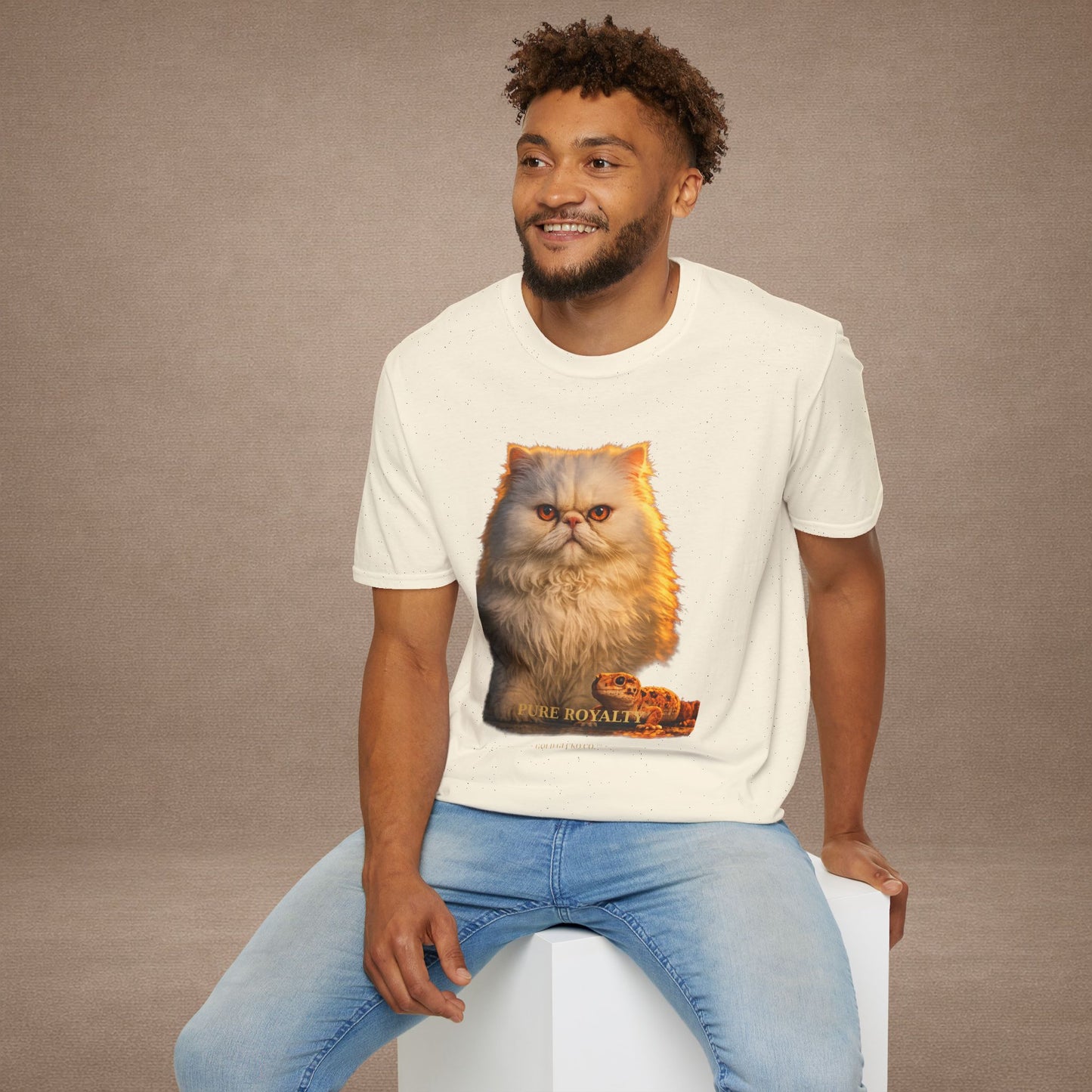 Persian — Pure Royalty — photoreal cat breed portraits paired with tiny gecko compani. Gold Gecko Co. Cats & Geckos collection.